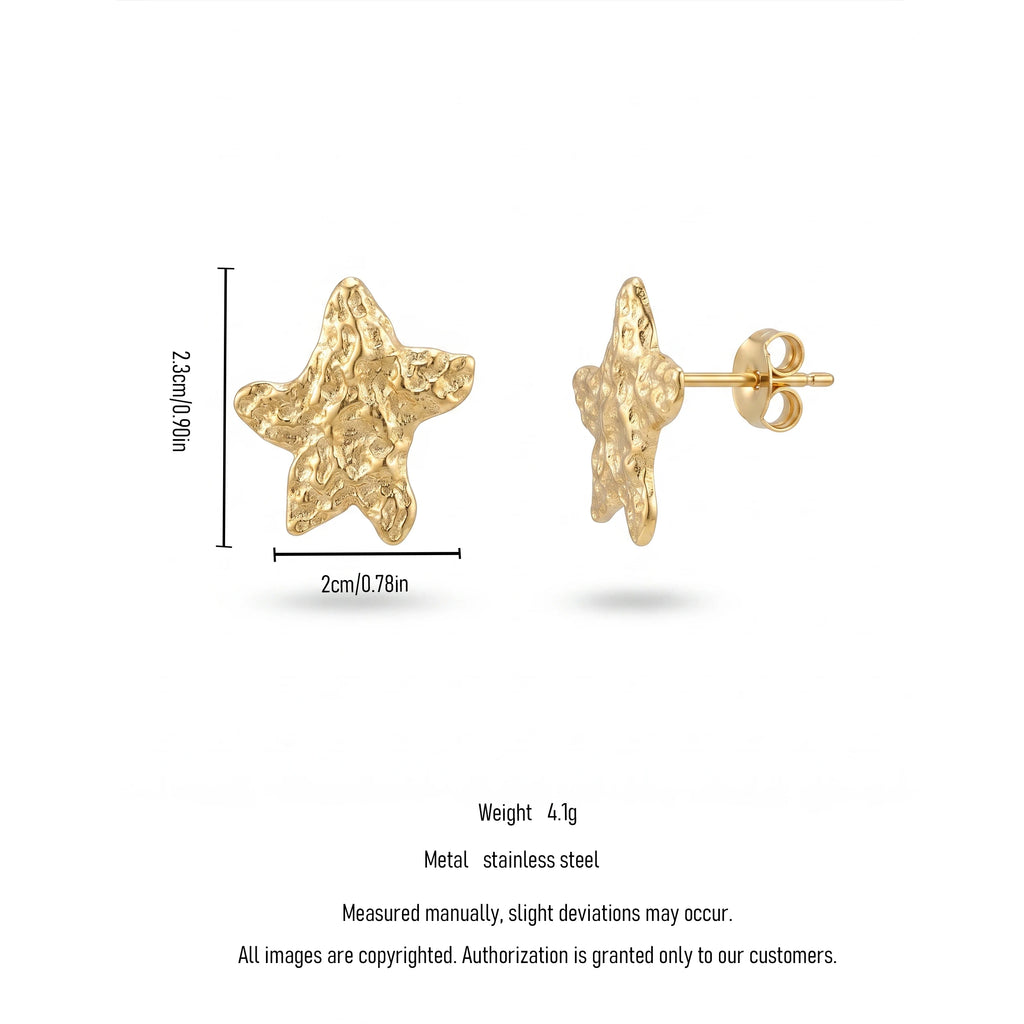 QIAOREN 14027 Matte Gold Hammered Textured Five Point Star Stud Earrings, Irregular Crinkle Surface Star Ear Stud Jewelry Gift