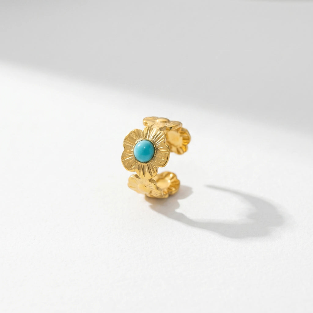 QIAOREN 13166-70 5Pcs Gold Stainless Steel Turquoise Open Ring Set Irregular Hammered Crown Adjustable Boho Stackable Rings