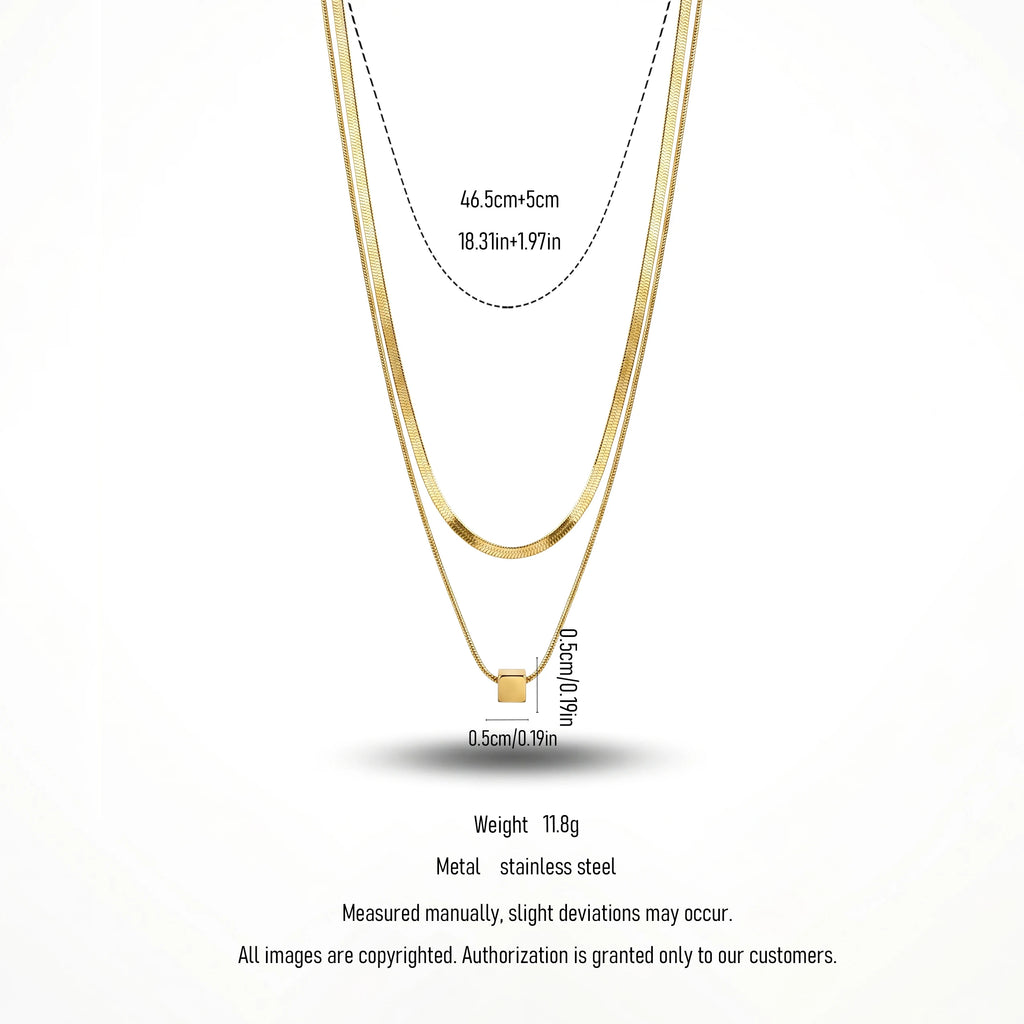 QIAOREN 11688 Minimalist Cube Layered Necklace 18K Gold Stainless Steel Herringbone Chain Choker for Women