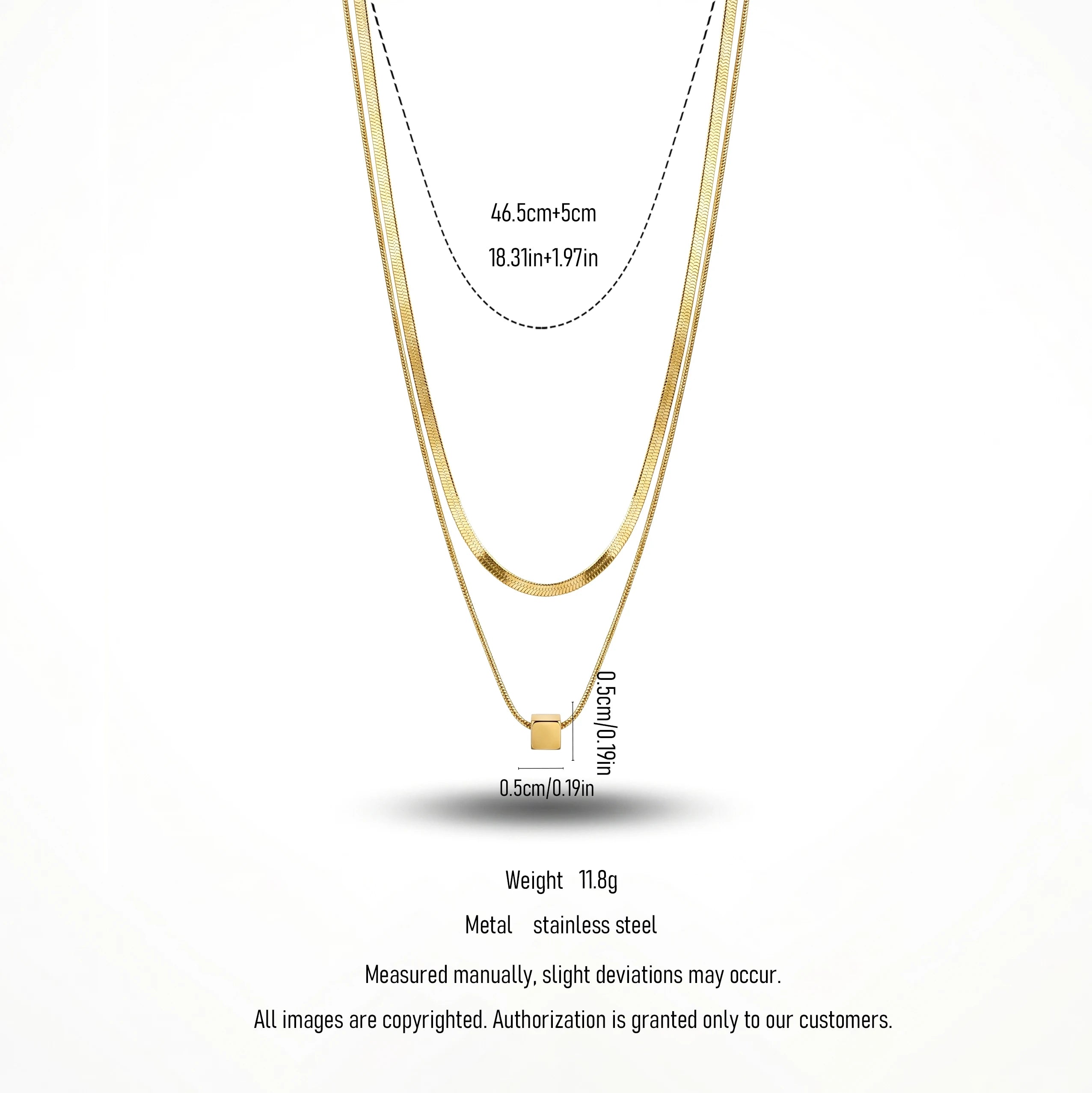QIAOREN 11688 Minimalist Cube Layered Necklace 18K Gold Stainless Steel Herringbone Chain Choker for Women
