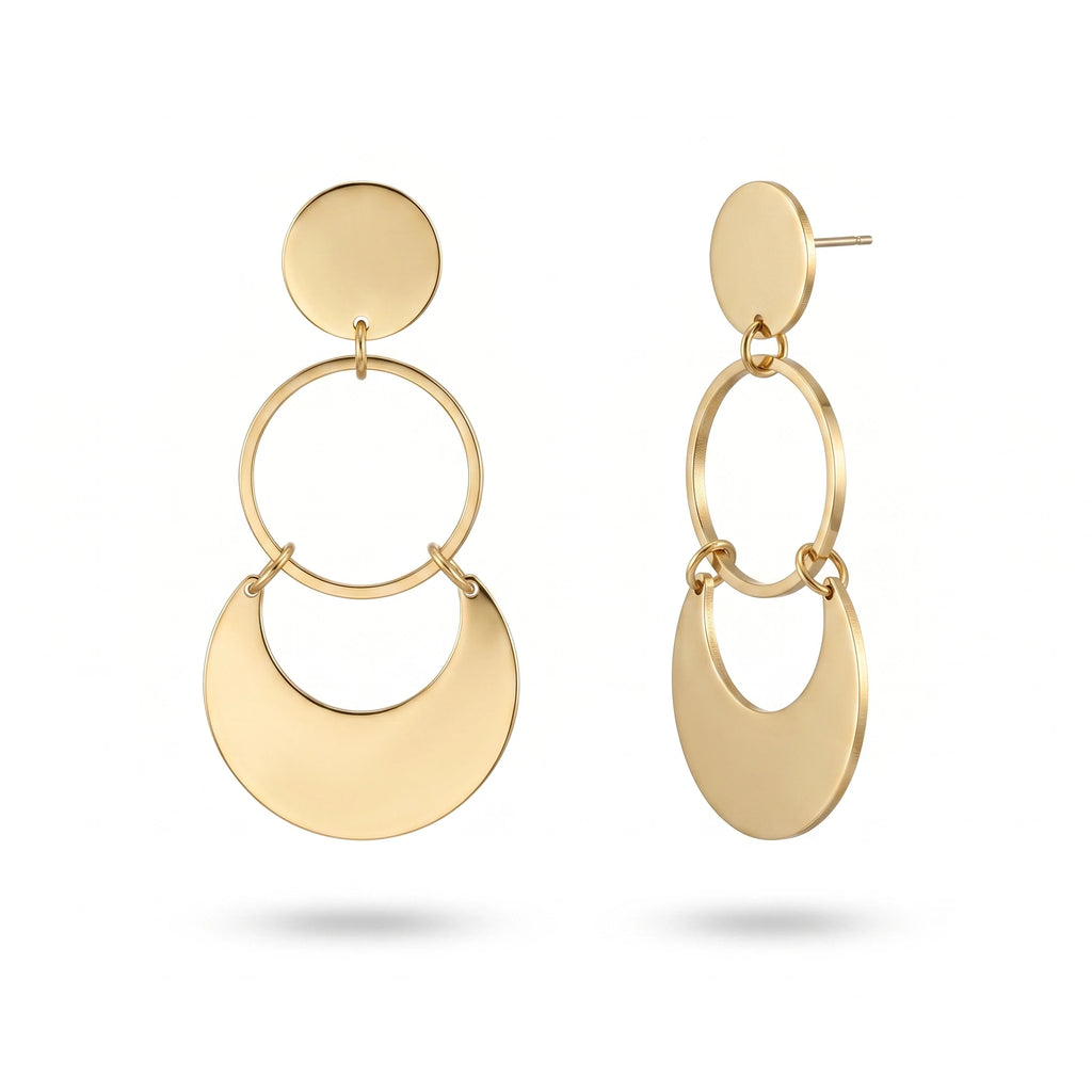 QIAOREN 14600 Stainless Steel Three Layer Circle Shape Tassel Punk Style Non Tarnish Geometry Stud Earrings Women's Party Gift