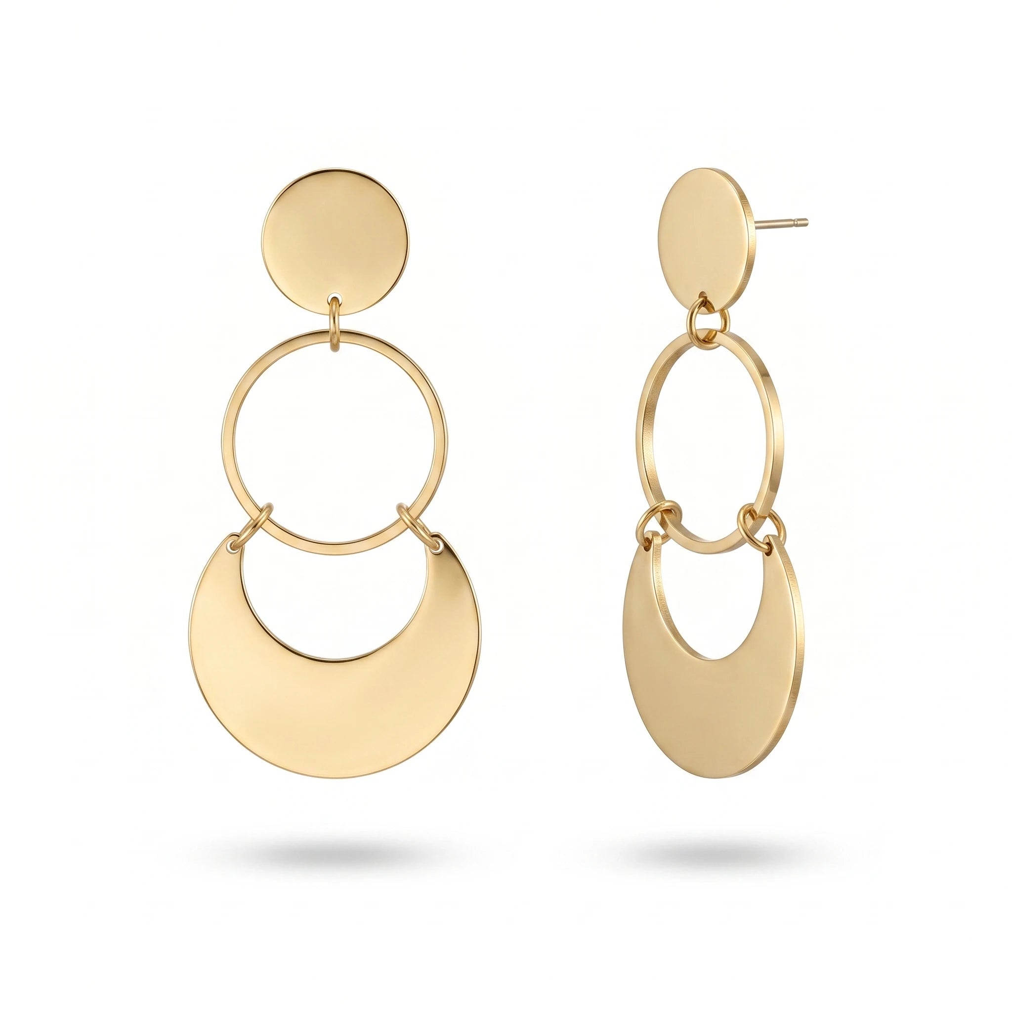 QIAOREN 14600 Stainless Steel Three Layer Circle Shape Tassel Punk Style Non Tarnish Geometry Stud Earrings Women's Party Gift