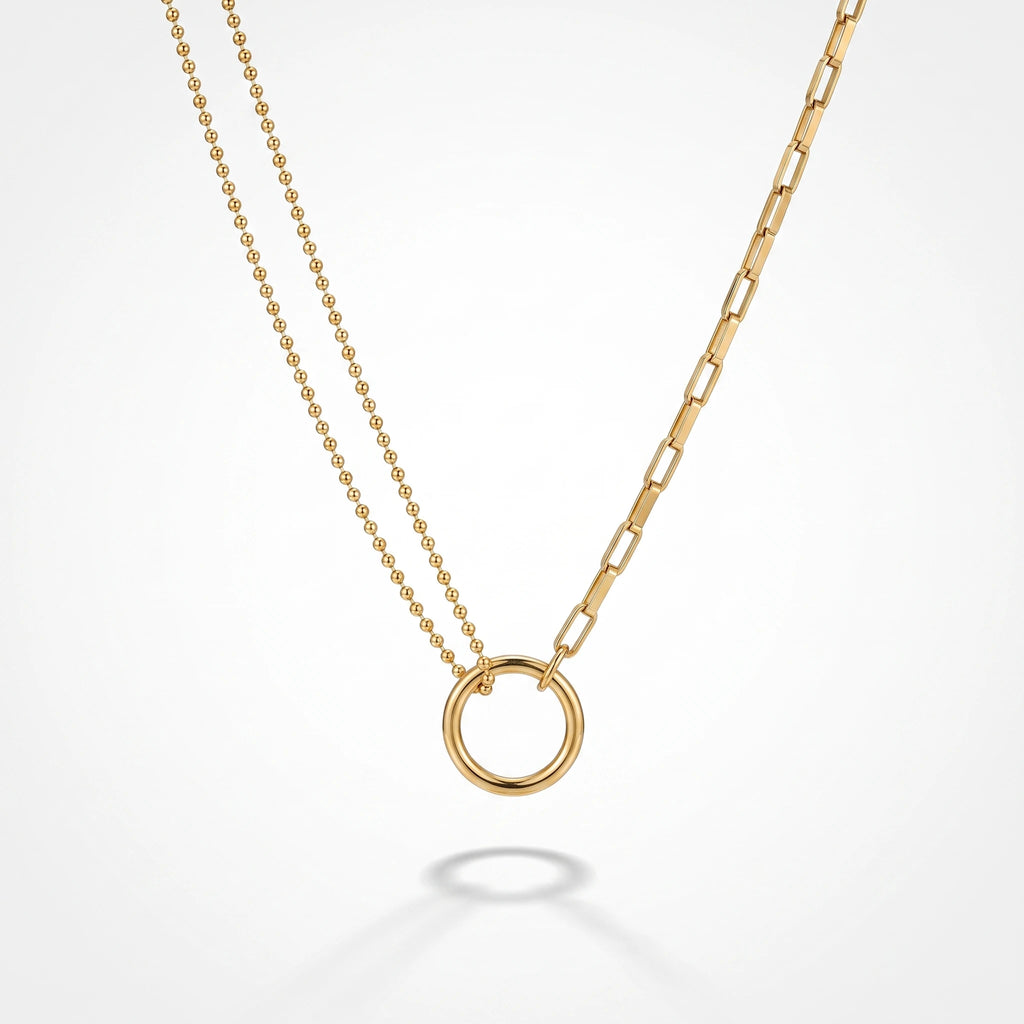 QIAOREN 13464 Circle Pendant Necklace with Ball Bead Chain & Paperclip Link Chain, Minimalist Layering Neck Jewelry Gift