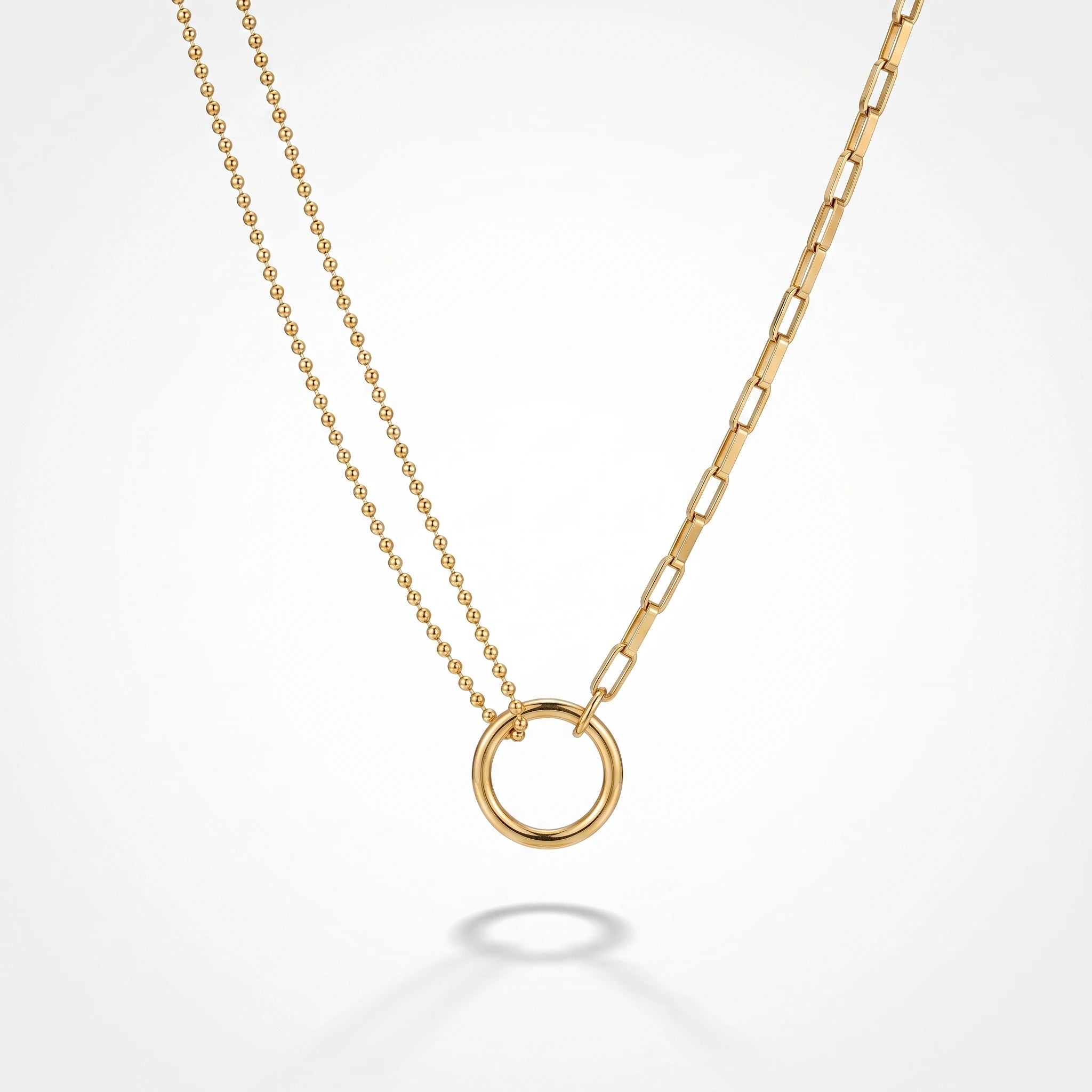 QIAOREN 13464 Circle Pendant Necklace with Ball Bead Chain & Paperclip Link Chain, Minimalist Layering Neck Jewelry Gift