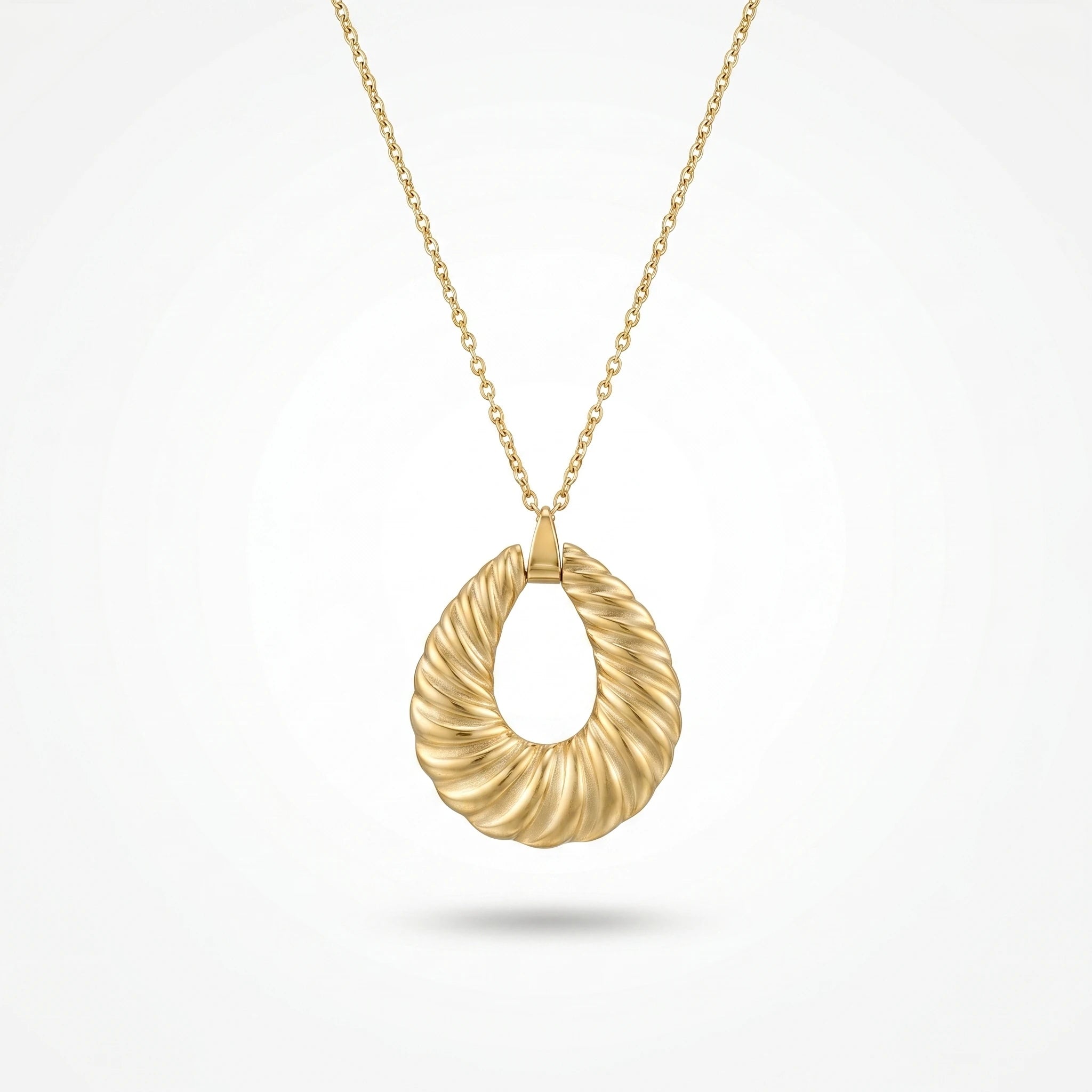 QIAOREN 12878 18K Gold Plated Ribbed Croissant Teardrop Necklace, Waterproof Tarnish Free Stainless Steel Statement Jewelry