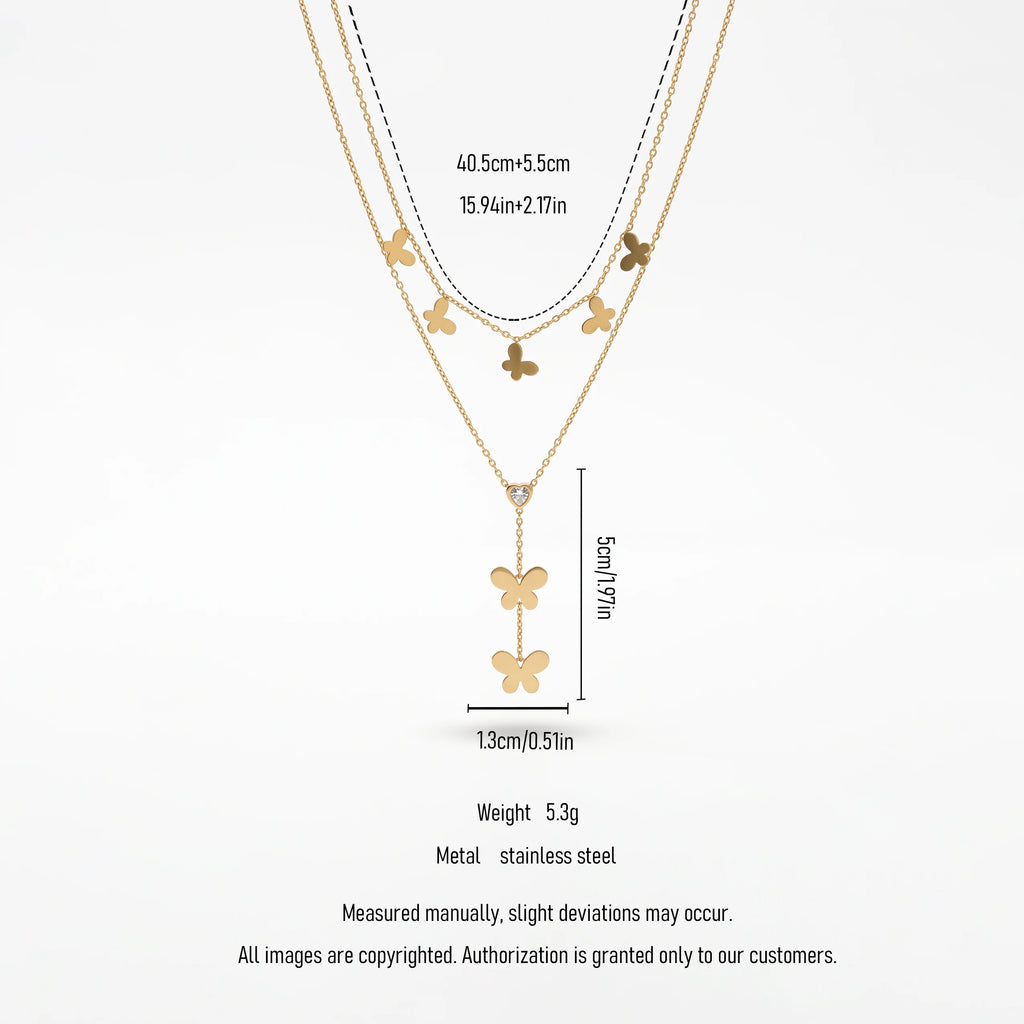 QIAOREN 13553 Stainless Steel Butterfly Layered Necklace Gold Butterfly Charm Pendant Double Layer Chain Jewelry for Women