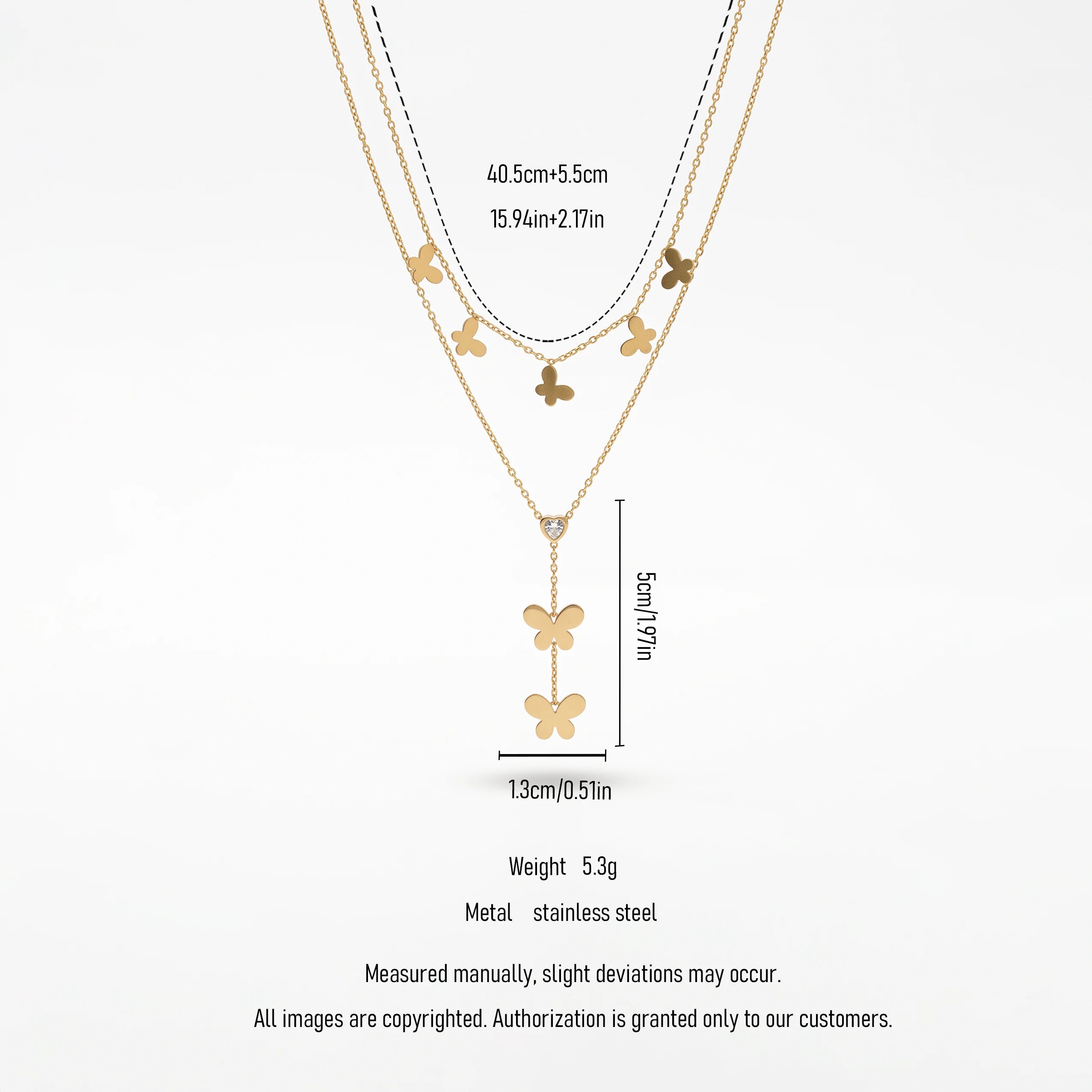 QIAOREN 13553 Stainless Steel Butterfly Layered Necklace Gold Butterfly Charm Pendant Double Layer Chain Jewelry for Women