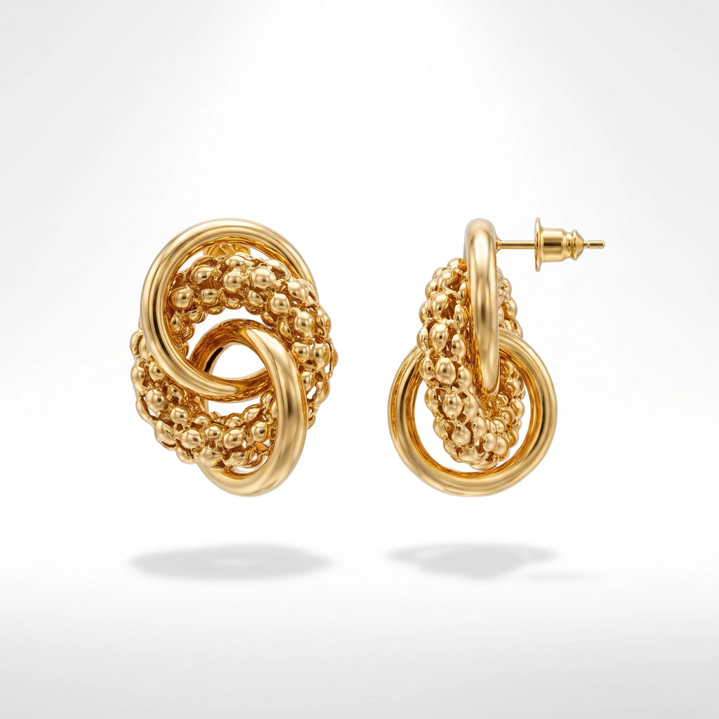 QIAOREN 14537 Beaded Interlocking Knot Stud Earrings, Textured Gold Metal Earrings, Hypoallergenic Statement Jewelry Gift