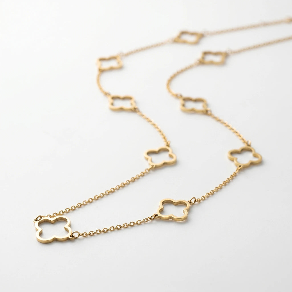 QIAOREN 11357 18K Gold Plated Open Clover Station Necklace Stainless Steel Tarnish Free Waterproof Jewelry