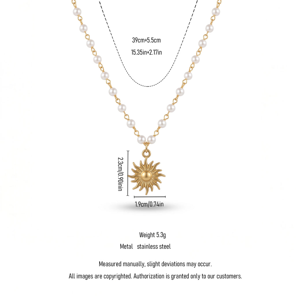QIAOREN 13932 Pearl Beaded Chain Pendant Necklace with Textured Sunburst Sun Charm, Polished Gold Boho Sunshine