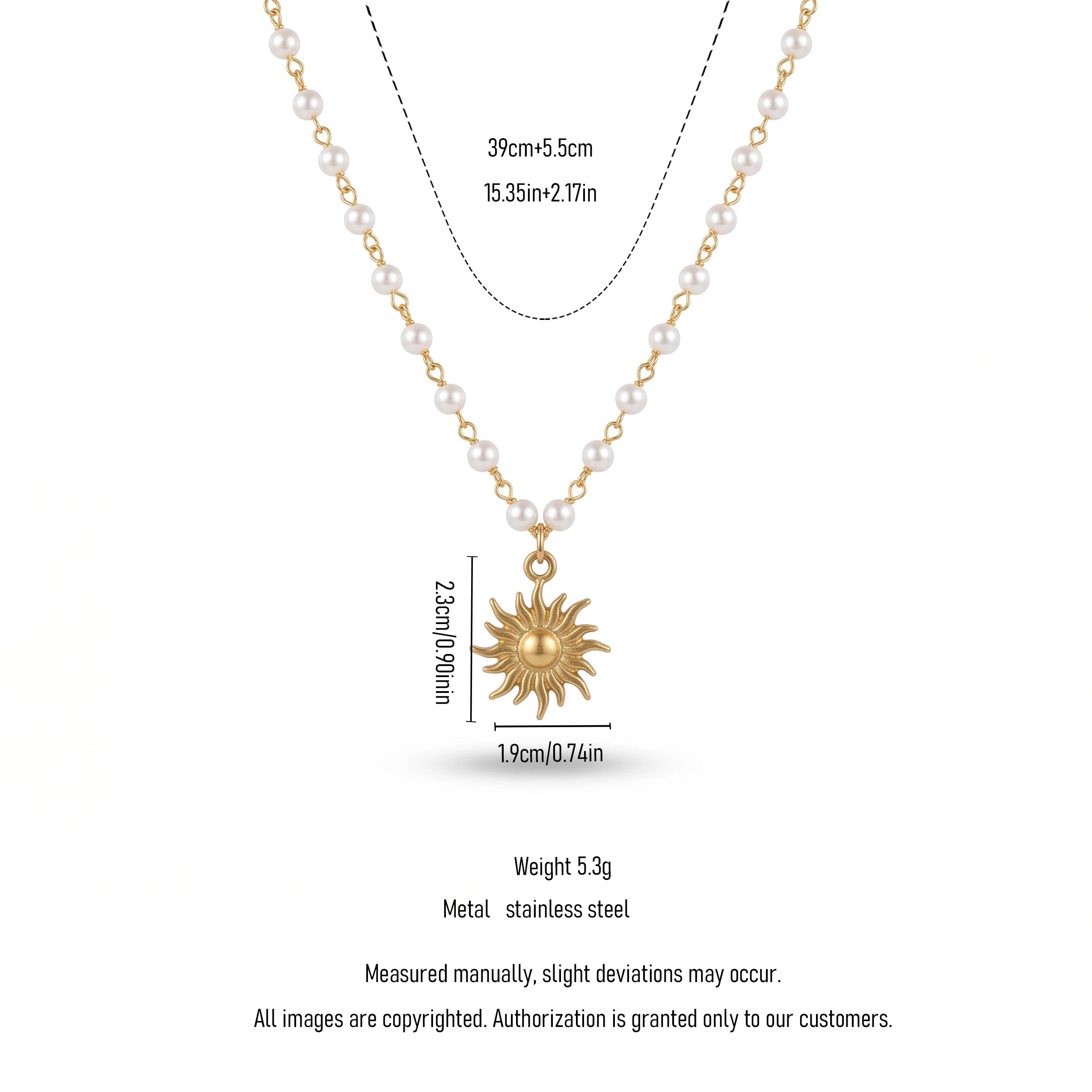 QIAOREN 13932 Pearl Beaded Chain Pendant Necklace with Textured Sunburst Sun Charm, Polished Gold Boho Sunshine