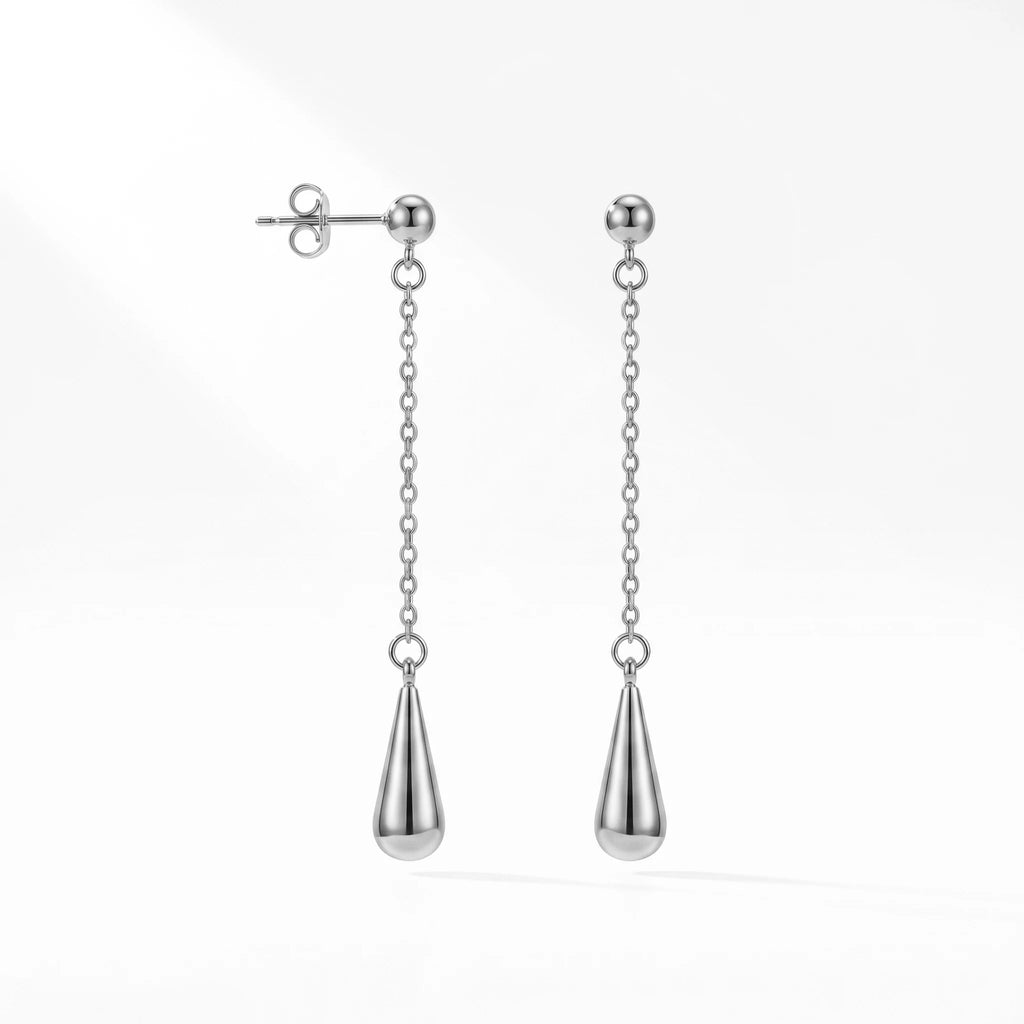QIAOREN 10633 Minimalist Teardrop Stud Earrings Stainless Steel Gold Plated Long Chain for Ladies