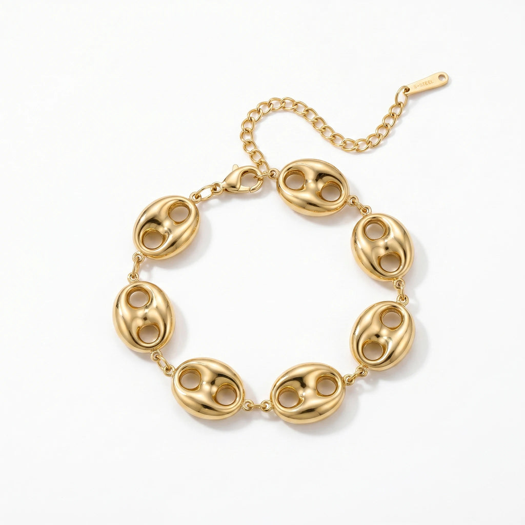 QIAOREN 12039 Wholesale Gold Plated Stainless Steel  Link Bracelet Polished Puffy Double Hole Bead Adjustable Chain Jewelry