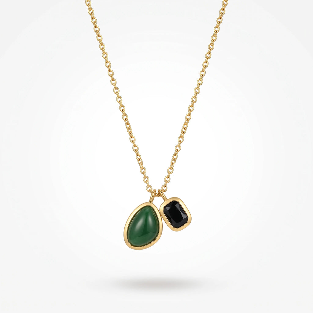 QIAOREN 13505 Two Pendant Emerald Oval Stone & Black Rectangle Crystal Necklace, Dainty Thin Cable Chain Dual Charms Necklace