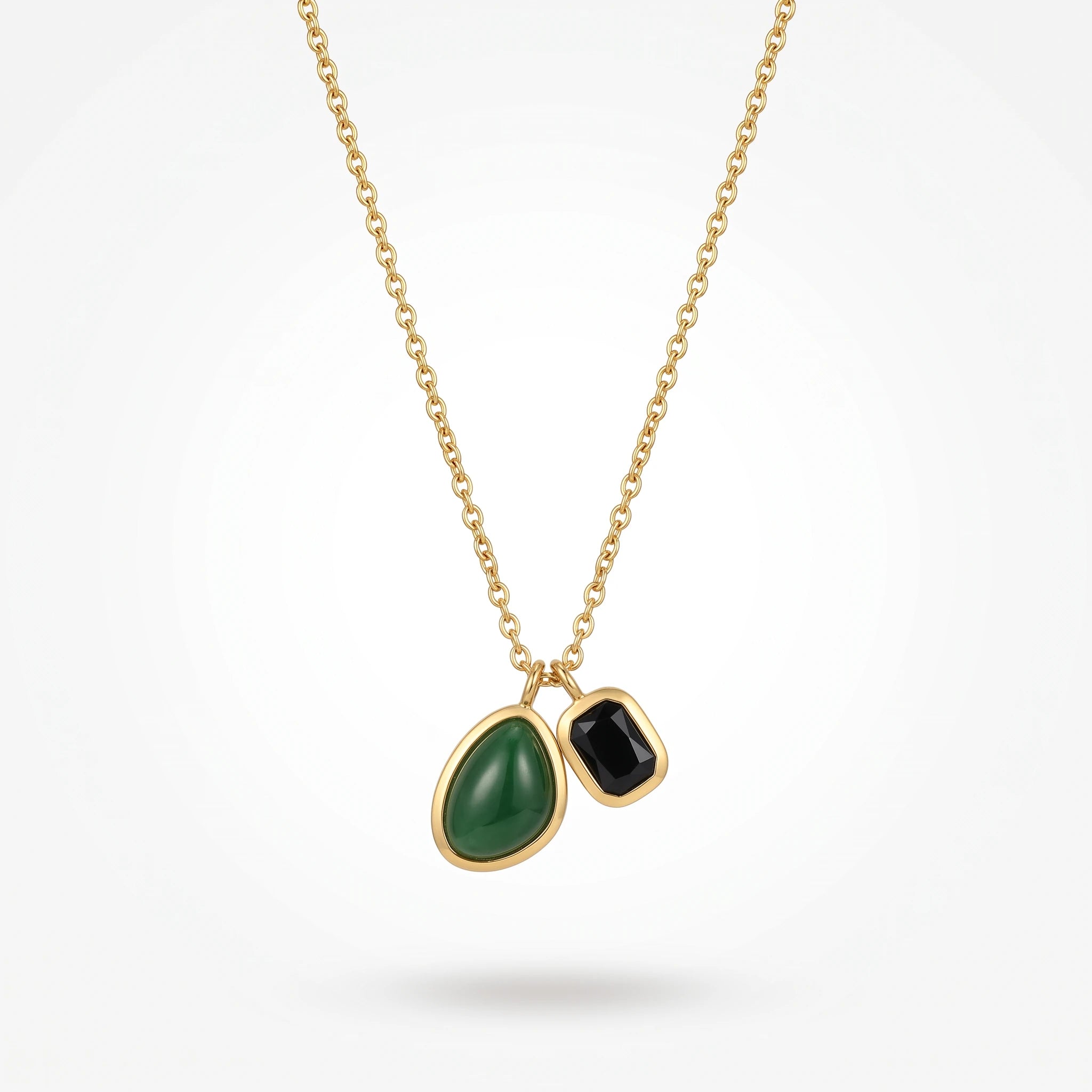 QIAOREN 13505 Two Pendant Emerald Oval Stone & Black Rectangle Crystal Necklace, Dainty Thin Cable Chain Dual Charms Necklace