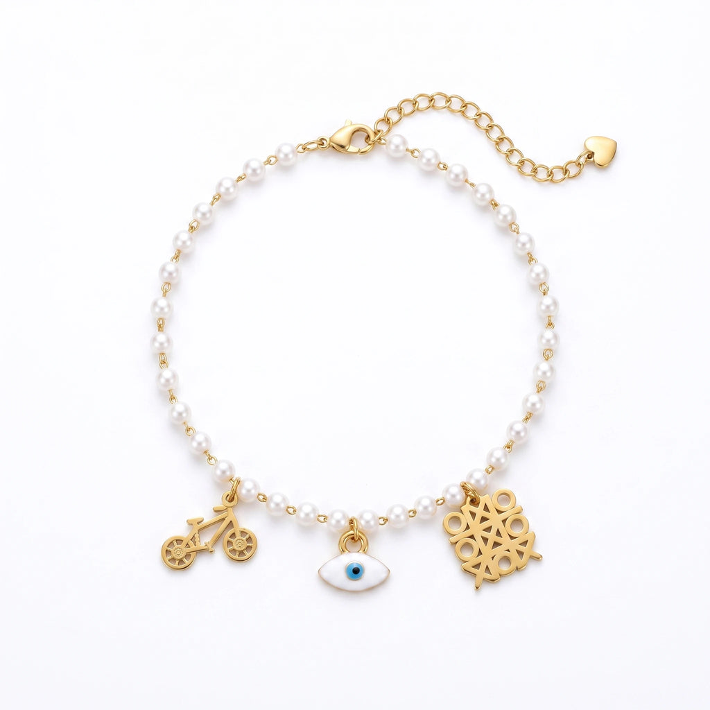 QIAOREN 13332 Vintage Pearl Anklet with Bicycle, Geometric Hollow Charms, Retro Unique Foot Jewelry Gift for Ladies Trendy
