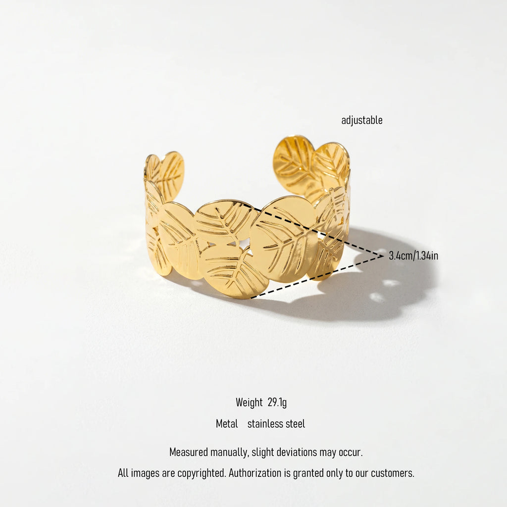 QIAOREN 12714 18K Gold Linked Leaf Hollow Wide Open Cuff Bracelet Stainless Steel Vein Textured Adjustable Trendy Women's Party
