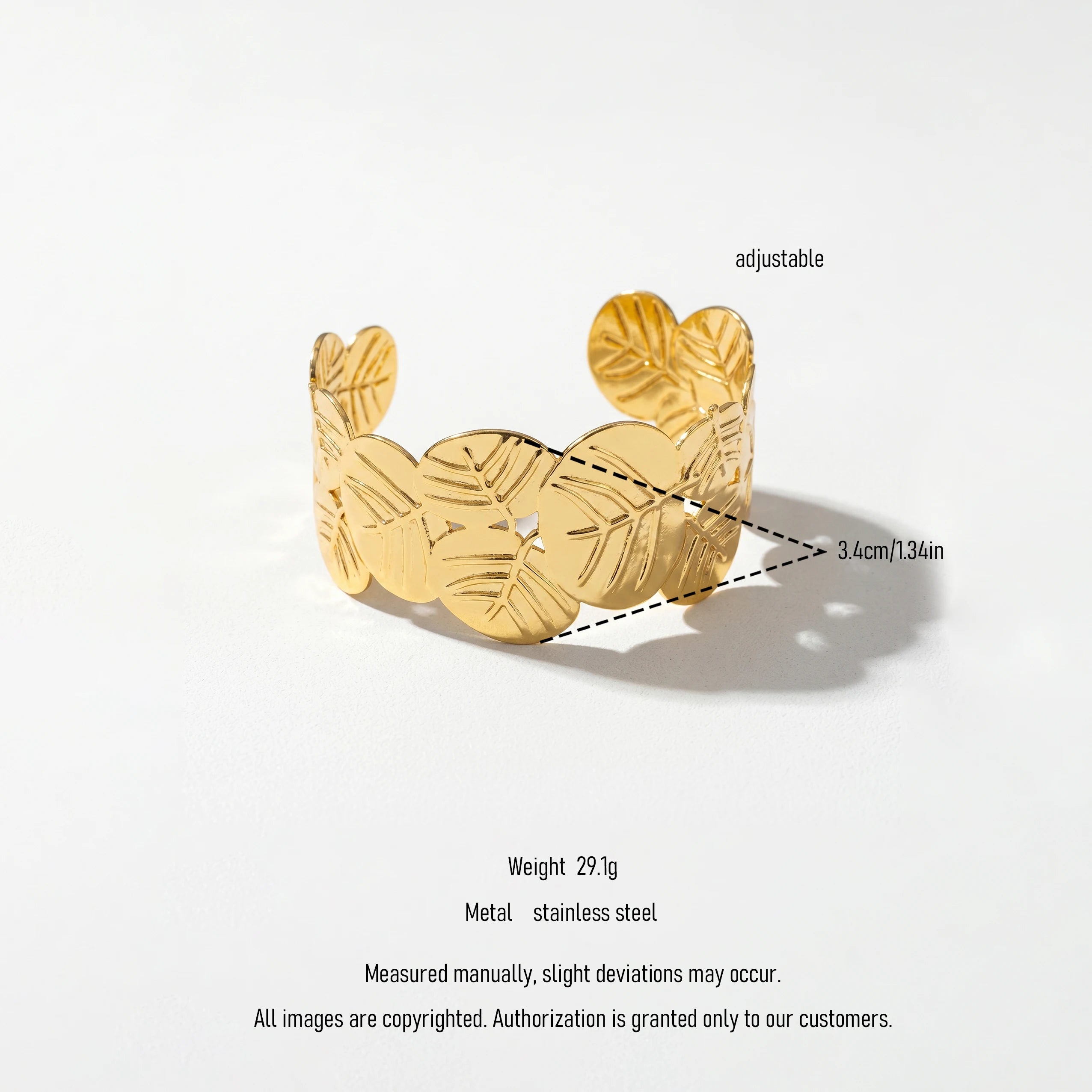 QIAOREN 12714 18K Gold Linked Leaf Hollow Wide Open Cuff Bracelet Stainless Steel Vein Textured Adjustable Trendy Women's Party