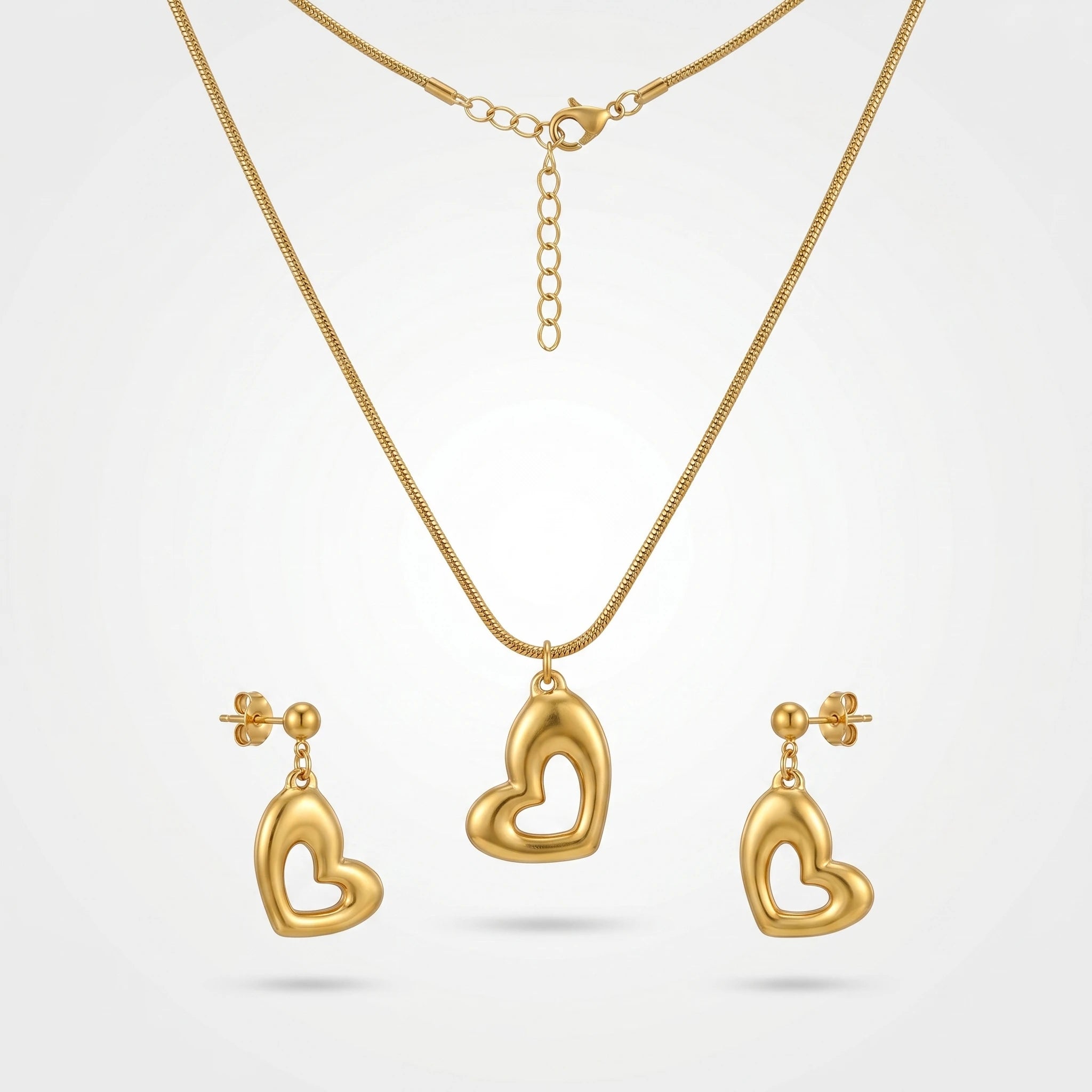 QIAOREN 11065 Premium Gold Hollow Heart Pendant Set Stainless Steel Elegant Jewelry for Women and Girls