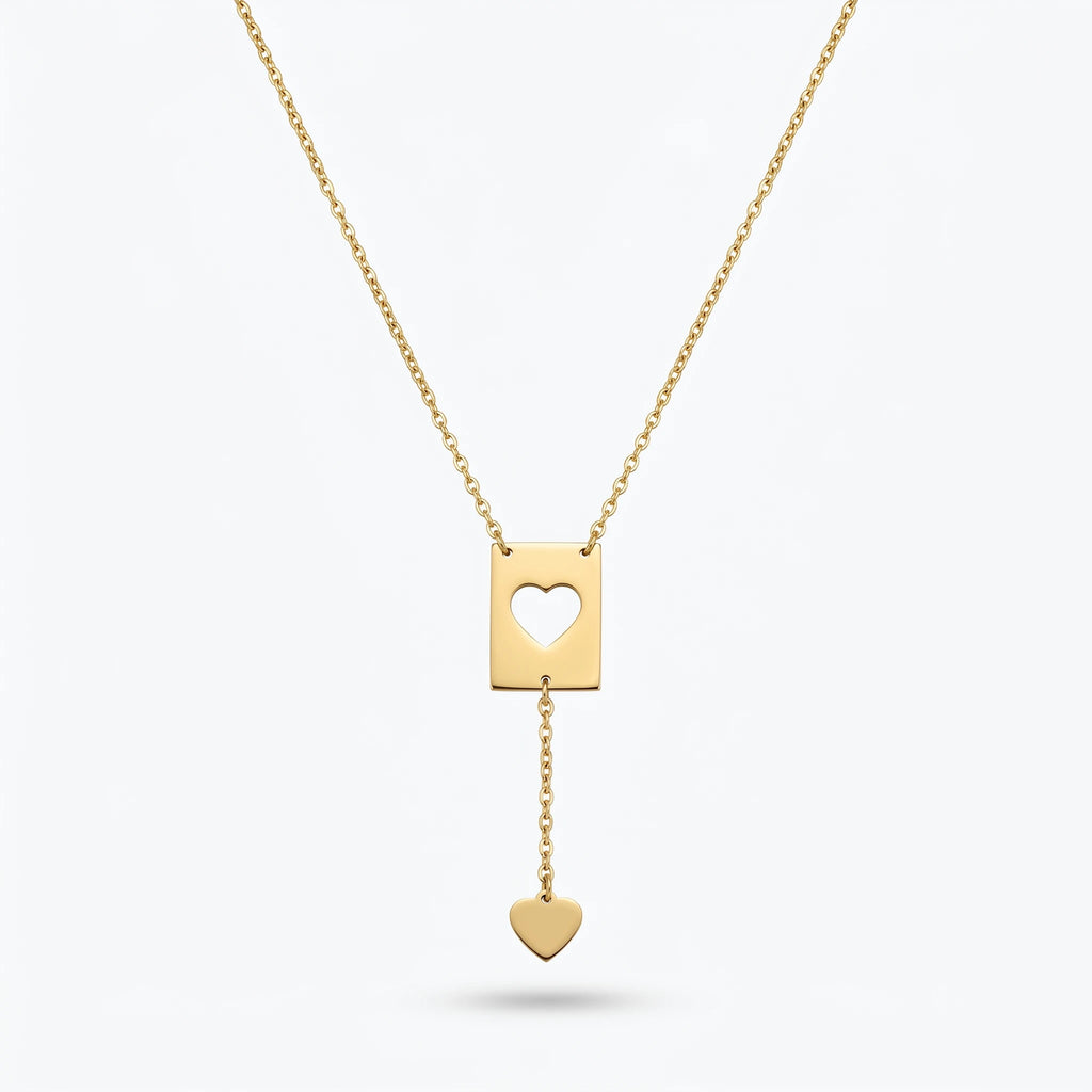 QIAOREN 11839 18K Gold Plated Stainless Steel Anti-Tarnish Hypoallergenic Hollow Heart Rectangle Lariat Y-Necklace Heart Pendant
