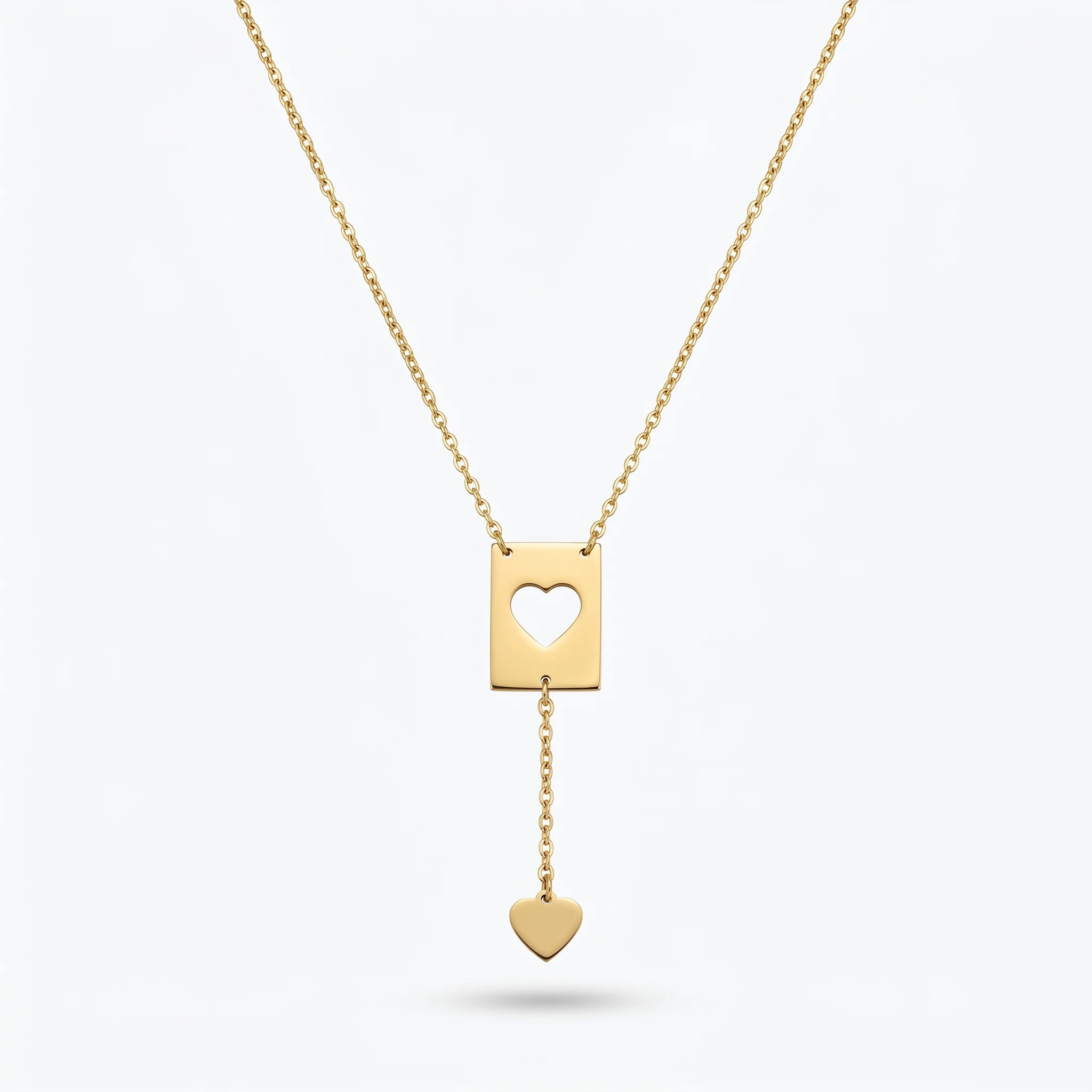 QIAOREN 11839 18K Gold Plated Stainless Steel Anti-Tarnish Hypoallergenic Hollow Heart Rectangle Lariat Y-Necklace Heart Pendant
