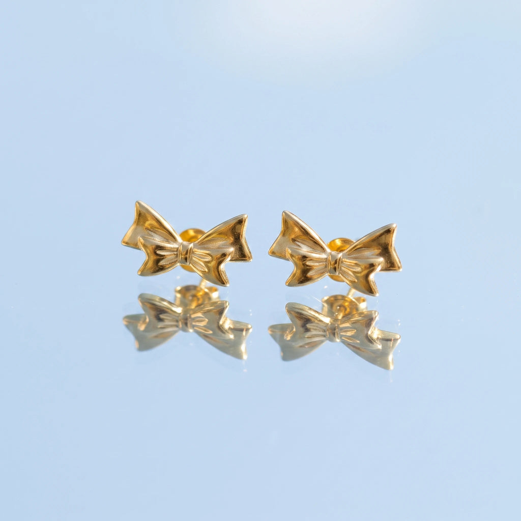 QIAOREN 14037 Polished Gold 3D Bow Knot Stud Earrings, Classic Smooth Ribbon Bow Ear Stud Jewelry Gift for Women