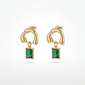 QIAOREN 12429 Organic Geometric Emerald Green Zircon Rectangle Pendant Gold Stainless Steel Statement Earrings