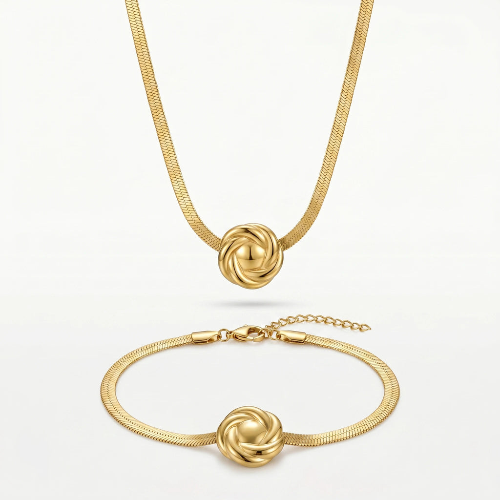 QIAOREN 12135 Vintage Twisted Knot Charm Stainless Steel  Necklace Bracelet Set Tarnish Free Gold Plated Ladies Jewelry