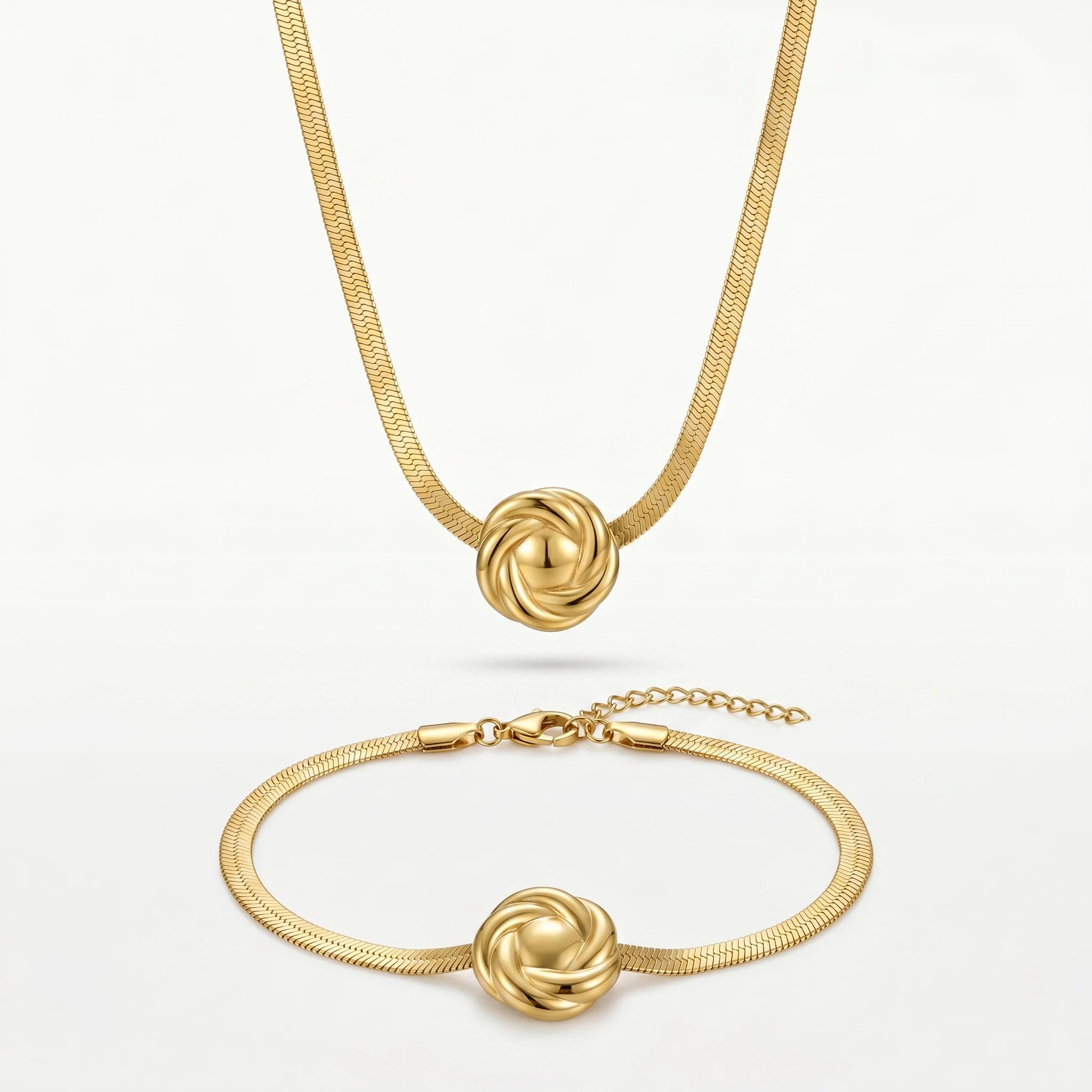 QIAOREN 12135 Vintage Twisted Knot Charm Stainless Steel  Necklace Bracelet Set Tarnish Free Gold Plated Ladies Jewelry