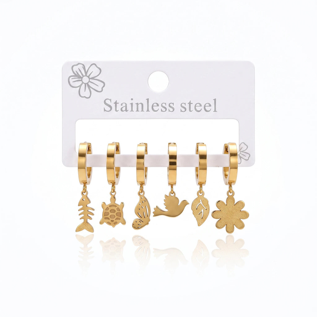 QIAOREN 14481 6 Pair Gold Stainless Steel Huggie Hoop Earrings Set, Fish Bone, Turtle, Butterfly, Bird, Leaf & Flower Earrings