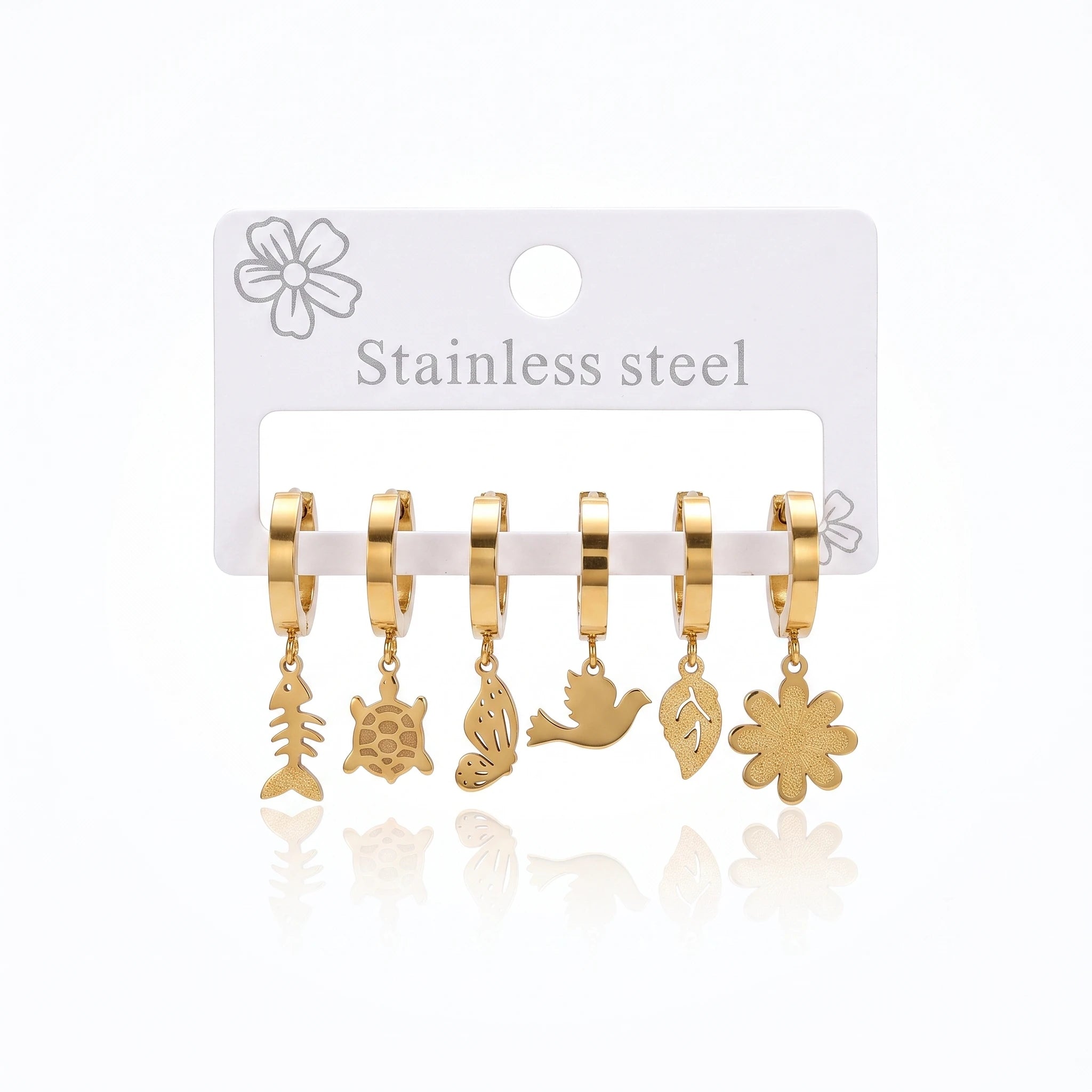 QIAOREN 14481 6 Pair Gold Stainless Steel Huggie Hoop Earrings Set, Fish Bone, Turtle, Butterfly, Bird, Leaf & Flower Earrings