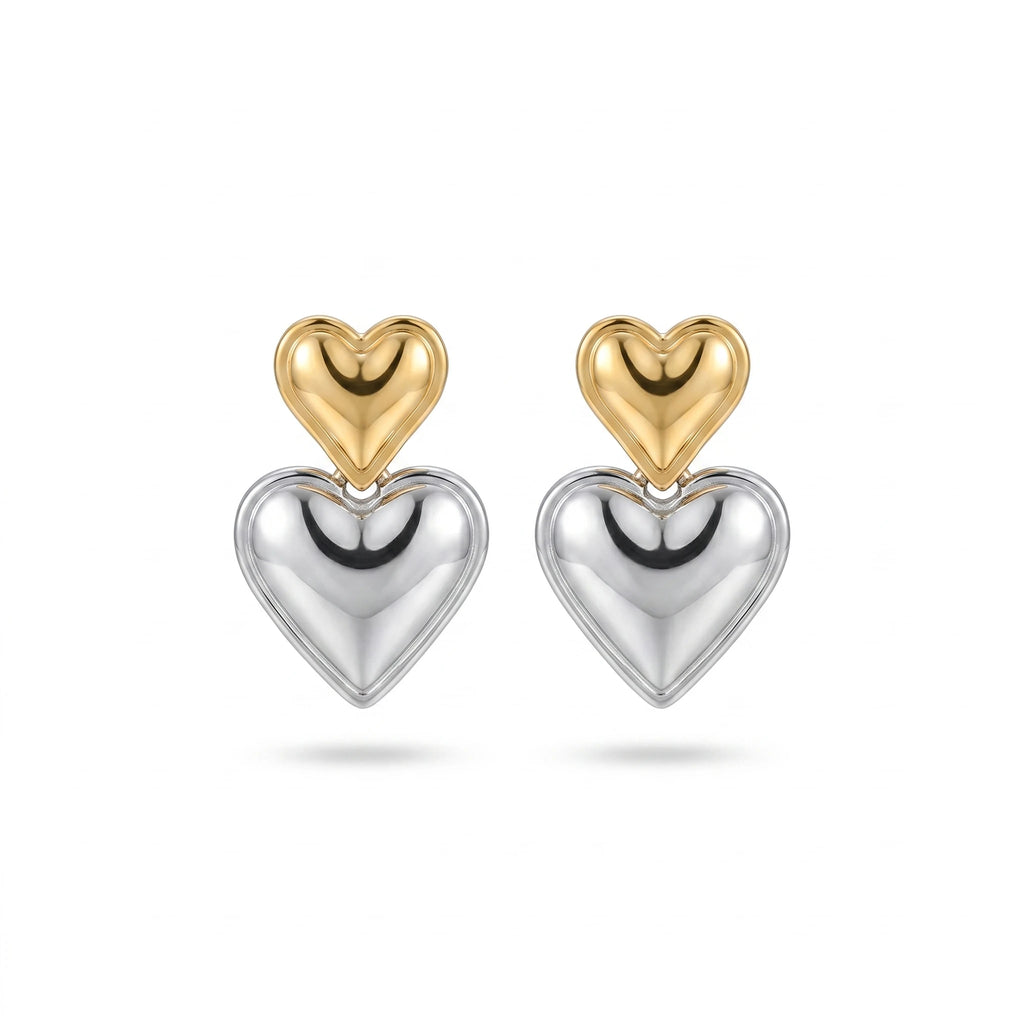 QIAOREN 12523  Two Tone Mixed Metal Double Heart Drop Earrings Gold Silver 316L Stainless Steel Puffy Heart Studs