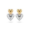 QIAOREN 12523  Two Tone Mixed Metal Double Heart Drop Earrings Gold Silver 316L Stainless Steel Puffy Heart Studs