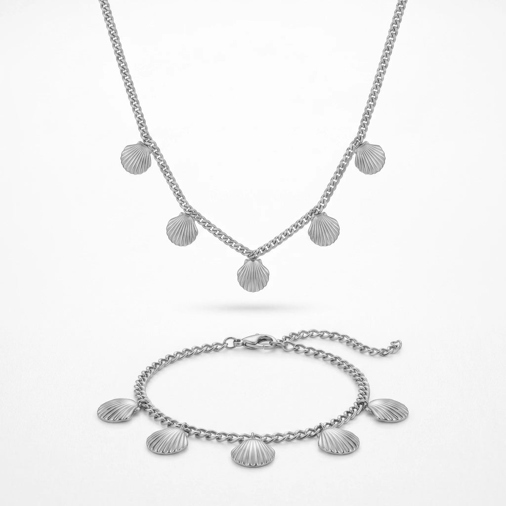 QIAOREN 11932 Trendy Scallop Shell Necklace Bracelet Set Stainless Steel Gold Curb Chain Summer Beach Jewelry for Women US EU