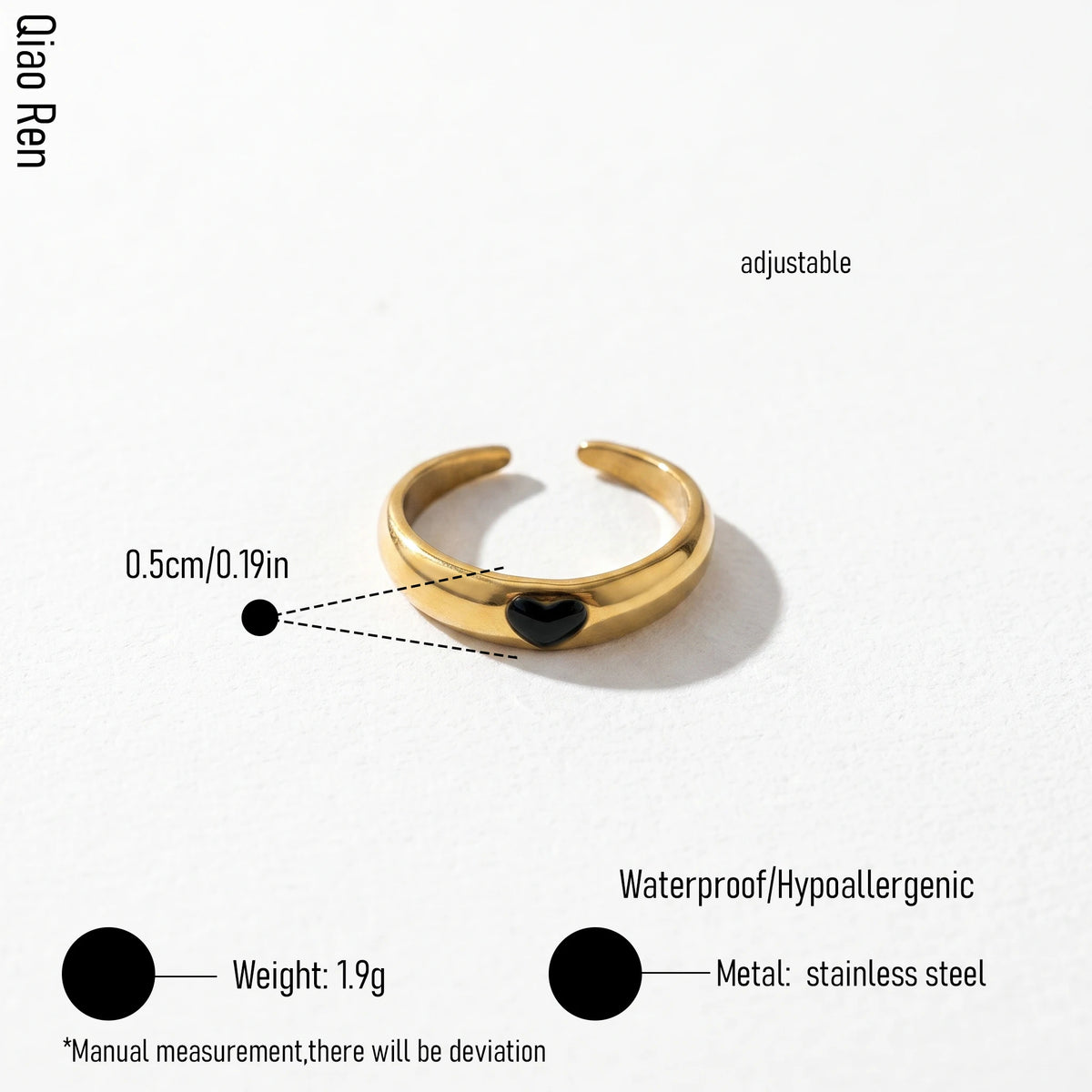 QIAOREN 14175-79 Black Enamel Heart & Sun Open Ring Set, Irregular Love Shape Adjustable Stackable Ring Jewelry Gift
