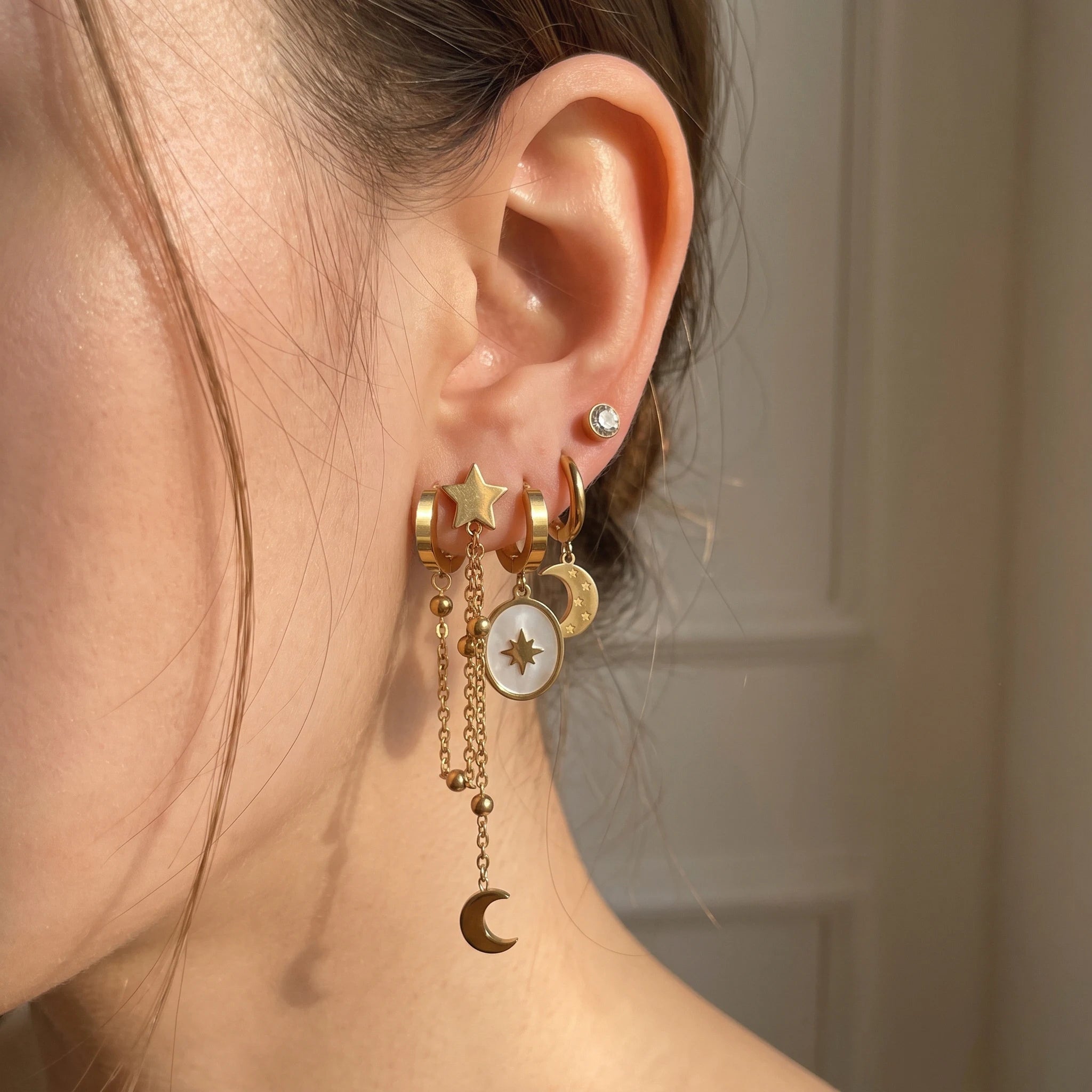 QIAOREN 14477 Stainless Steel Gold Moon Star Dangle Huggie Hoop Earrings Set, Shell Oval Star Pendant Tassel Chain Ear Jewelry