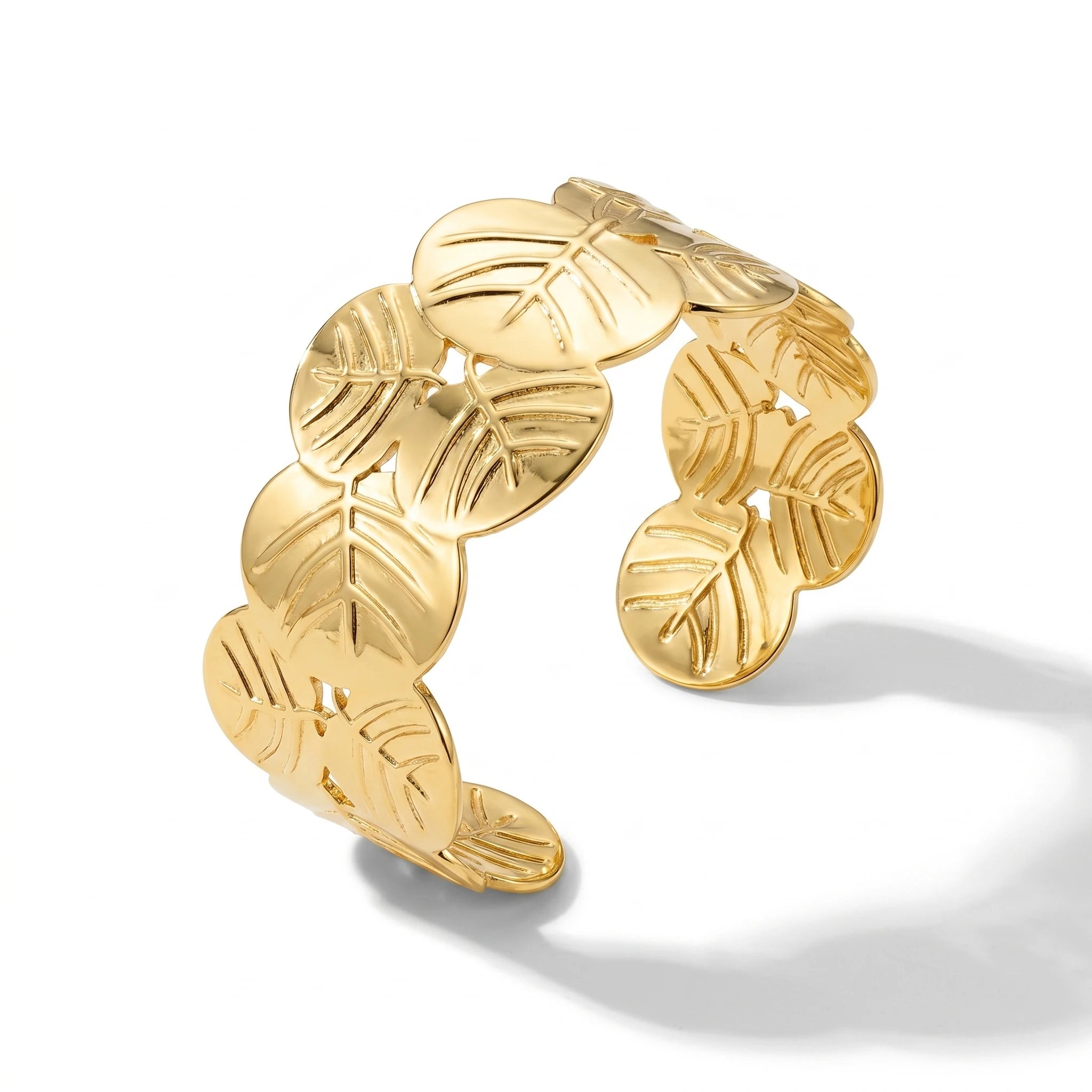QIAOREN 12714 18K Gold Linked Leaf Hollow Wide Open Cuff Bracelet Stainless Steel Vein Textured Adjustable Trendy Women's Party