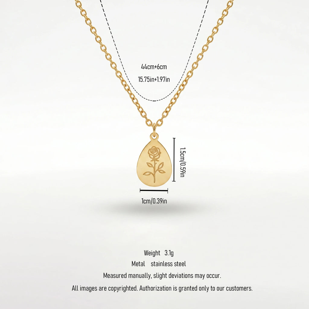 QIAOREN 11327 18K Gold Plated Teardrop Rose Engraved Pendant Necklace Stainless Steel Tarnish Free Waterproof Jewelry