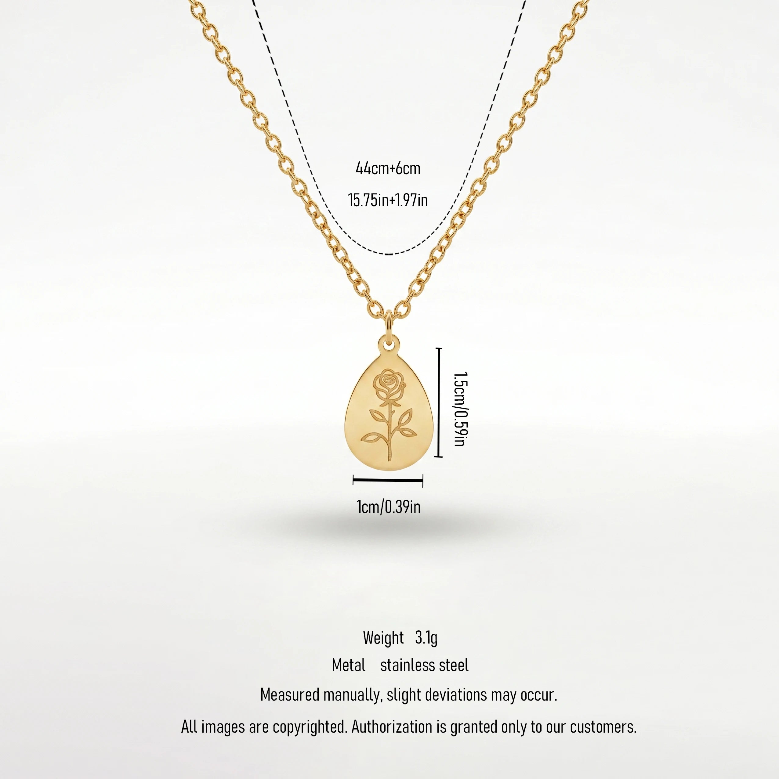 QIAOREN 11327 18K Gold Plated Teardrop Rose Engraved Pendant Necklace Stainless Steel Tarnish Free Waterproof Jewelry