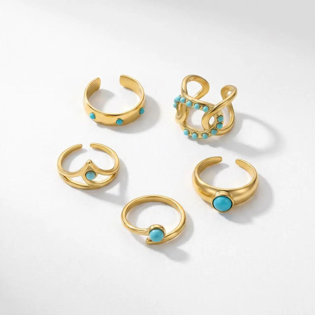 QIAOREN 5Pcs Gold Stainless Steel Turquoise Open Ring Set Irregular Hammered Crown Adjustable Boho Stackable Rings