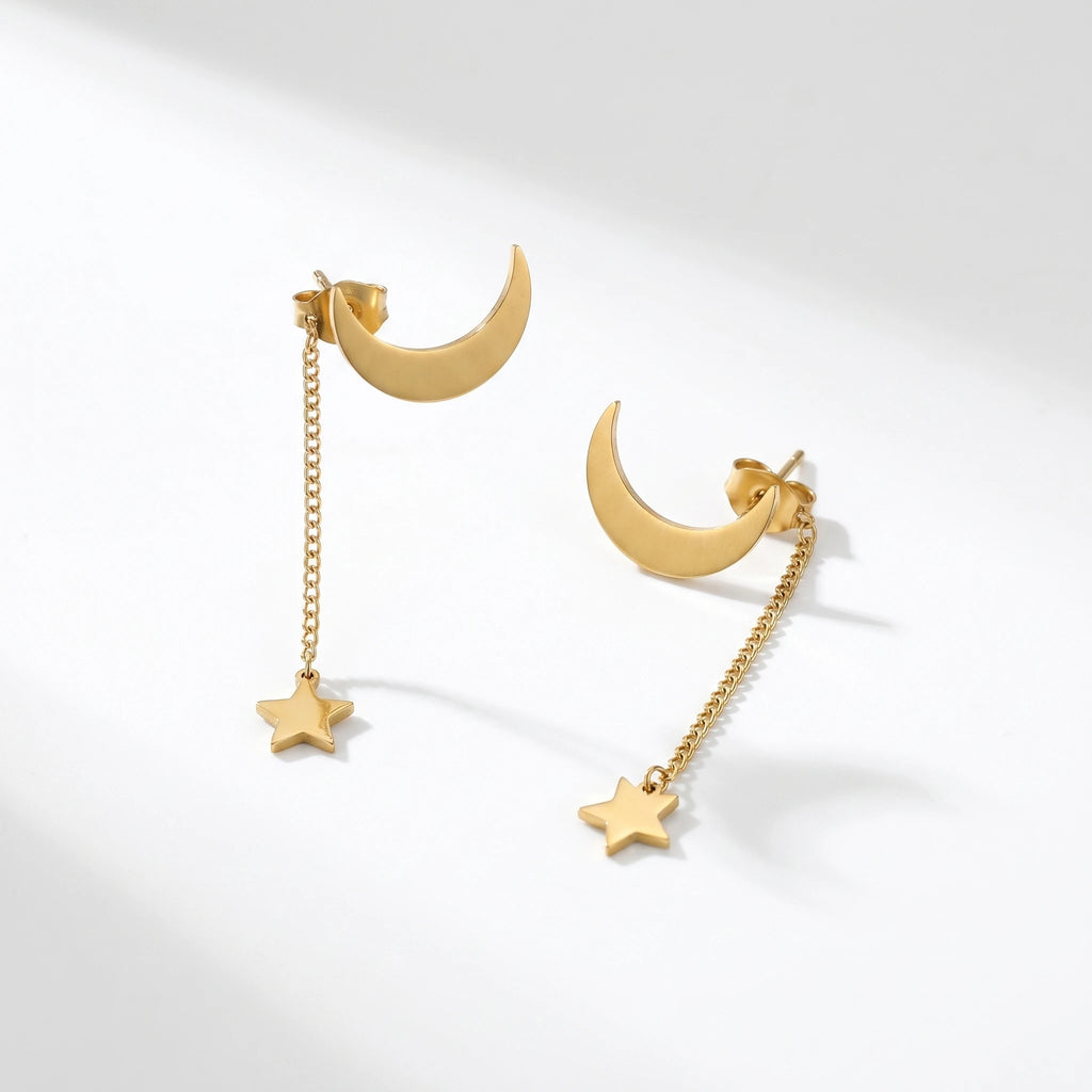 QIAOREN 10839 Dainty Moon Star Chain Drop Earrings Stainless Steel Gold Plated for Daily Wear