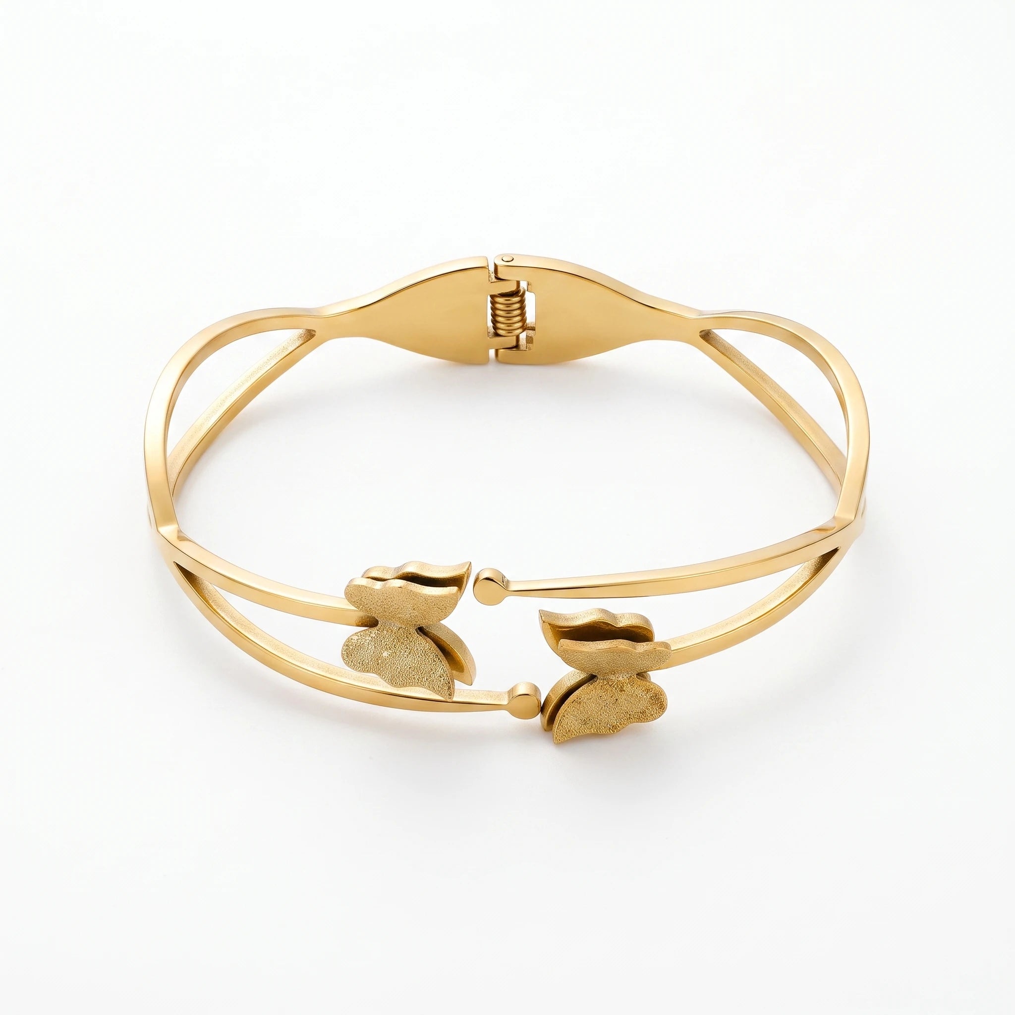 QIAOREN 13656 Trendy Hollow Double Line Butterfly Spring Bangle, Textured Matte Love Insect Decor Gold Open Cuff Bangle