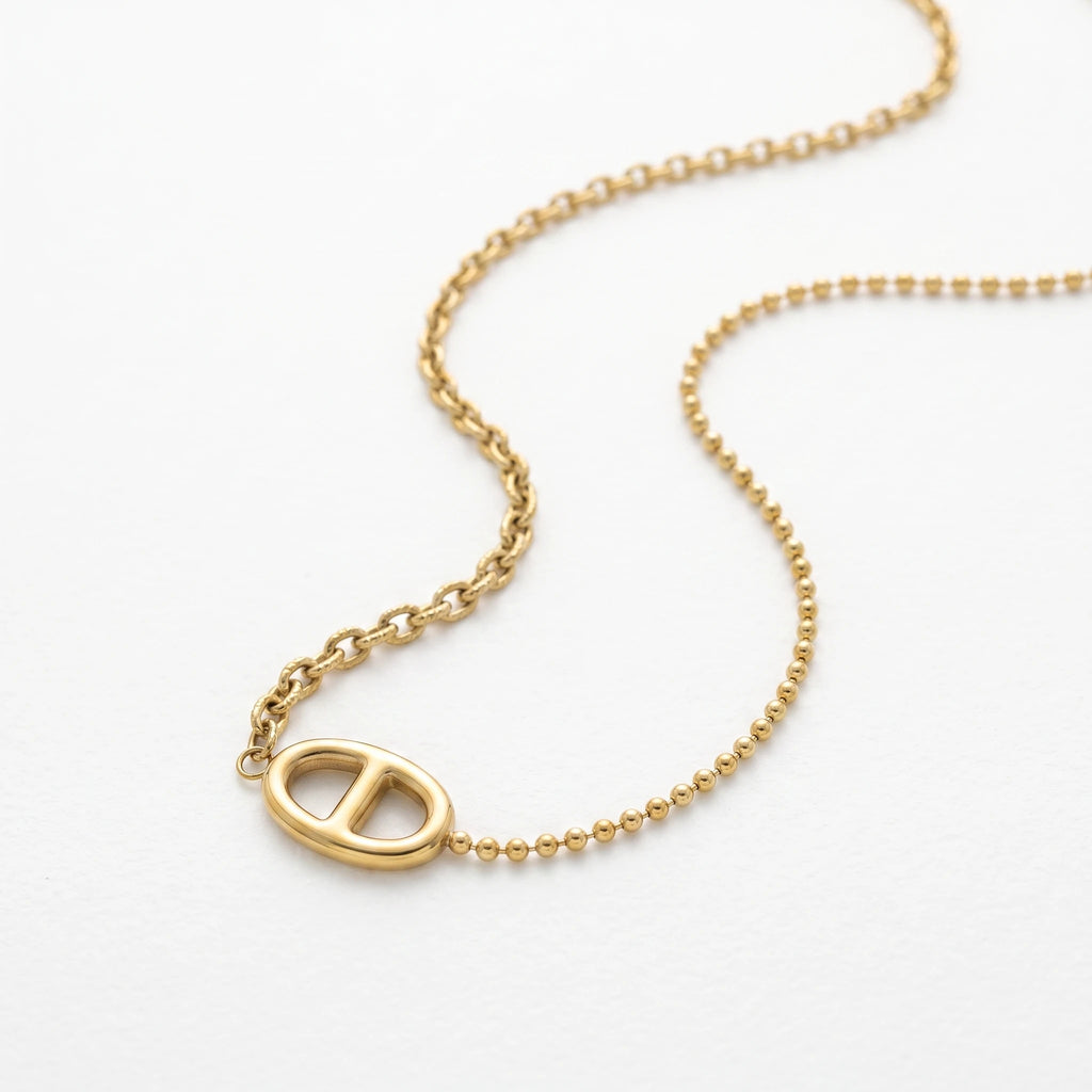 QIAOREN 13721 Asymmetric Dual Link Chain Pendant Necklace, Hollow Oval Double Partition Plain Charm Polished Gold Jewelry