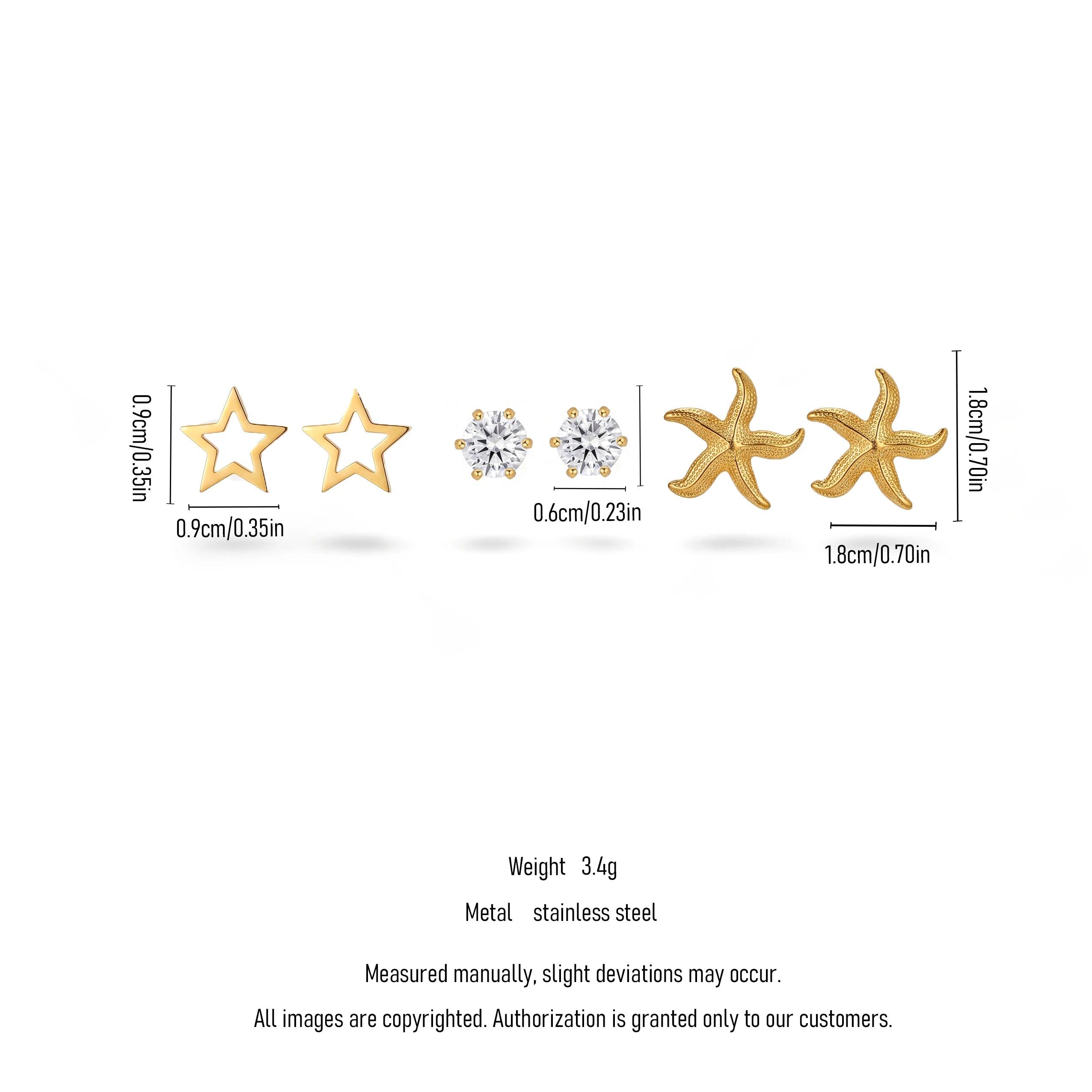 QIAOREN 13253 3 PCS Set 18K Gold Plated Stainless Steel 3 Pairs Star  & CZ Stud Earrings Set Hollow Solid Sea Shell Zircon