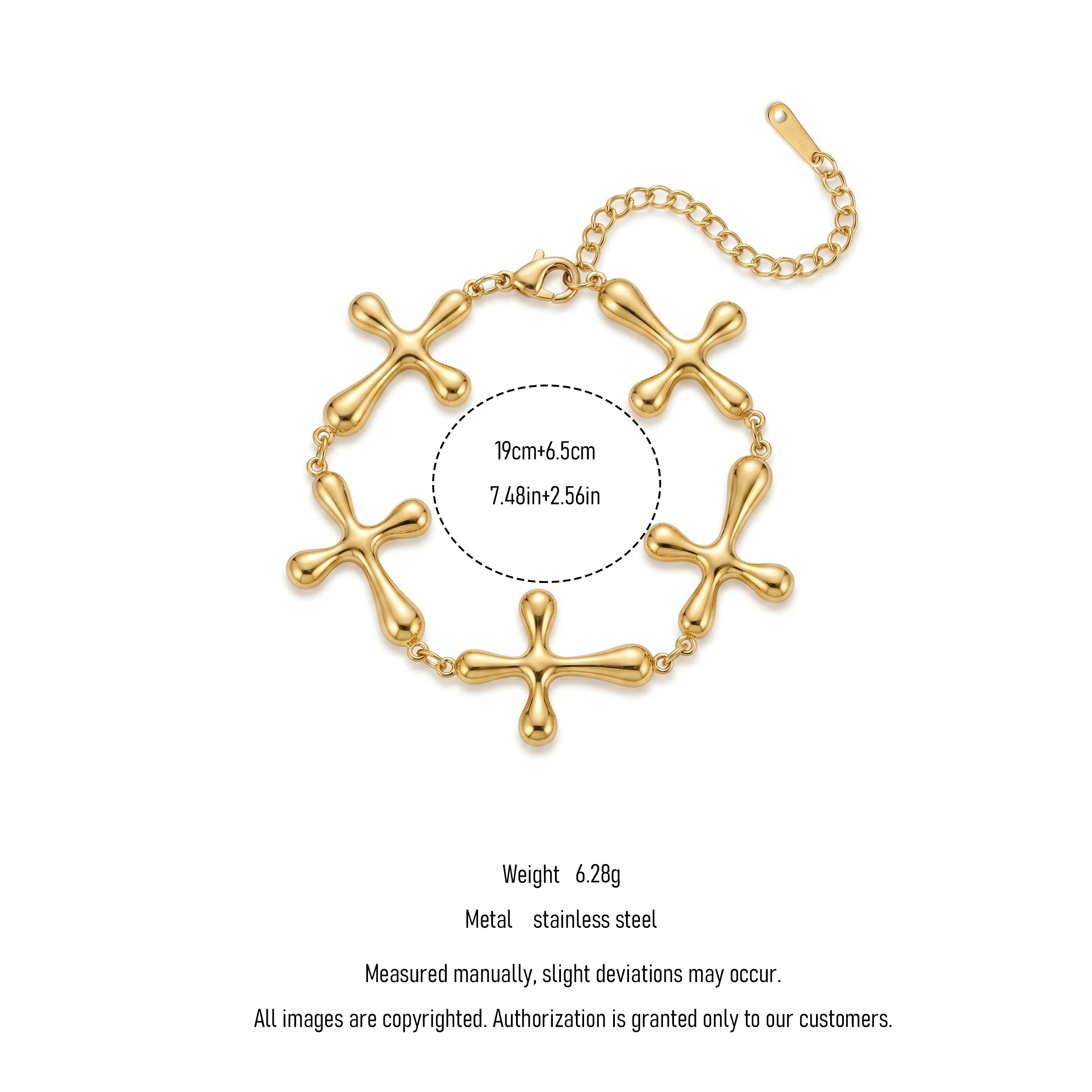 QIAOREN12029 Wholesale Gold Plated Stainless Steel Smooth Puffy Cross Link Bracelet  Bead Chain Adjustable Extension Jewelry