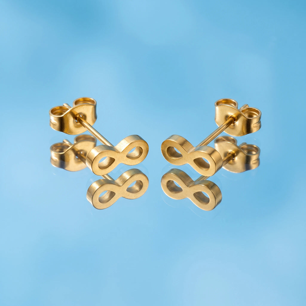 QIAOREN 14012 Solid Hollow Infinity Symbol Stud Earrings, Polished Gold Eternal Love Ear Stud Jewelry Gift
