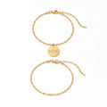 QIAOREN 11882 Waterproof Engraved LOVE Disc Bead Bracelet Set 18K Gold Stainless Steel 2Pcs Stackable Beach Vacation Jewelry