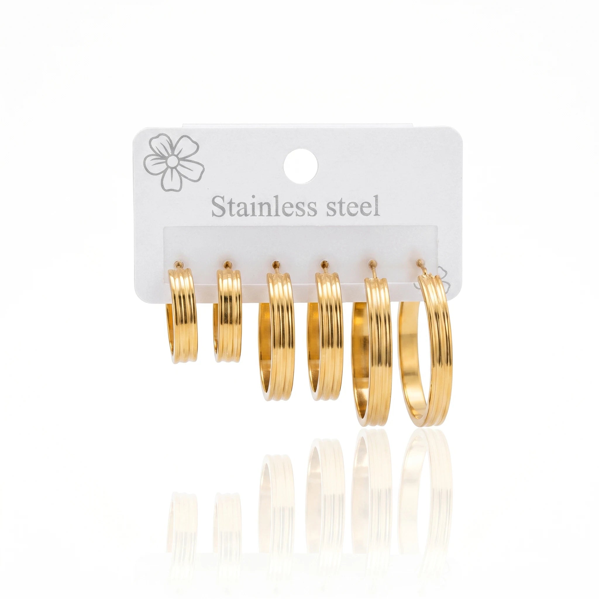 QIAOREN 14593 3 Pairs Vertical Grooved C Shape Hoop Stud Earring Set, Graduated Size Hypoallergenic Daily Wear Jewelry Gift Set