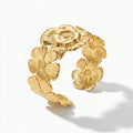 QIAOREN 12716 Vintage Overlapping Veined Floral Wide Cuff Charm Bracelet Hypoallergenic Stainless Steel Gold Plated Moon Shape