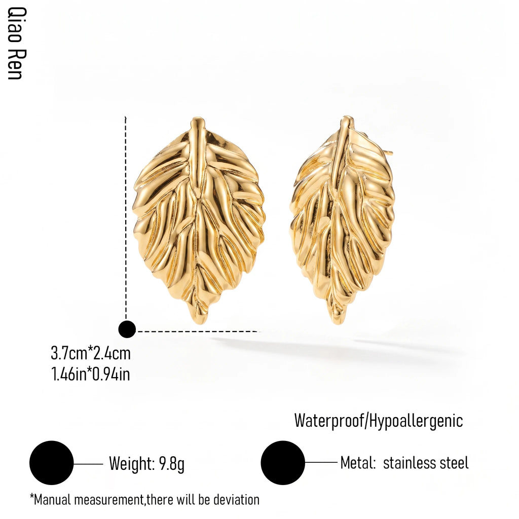 QIAOREN 14556 Stainless Steel Leaf Stud Earrings Gold Tone Nature Inspired Earrings Waterproof Hypoallergenic Jewelry
